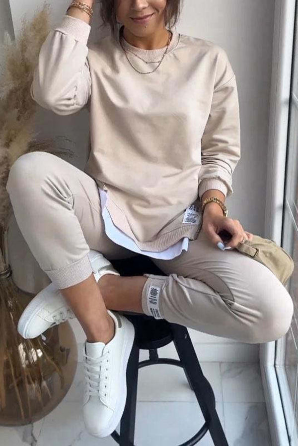 Solid Color Round Neck Long Sleeve Sweatshirt & Elastic Waist Pants Set - Women's Casual Loungewear for Home, Yoga, and Everyday Wear
