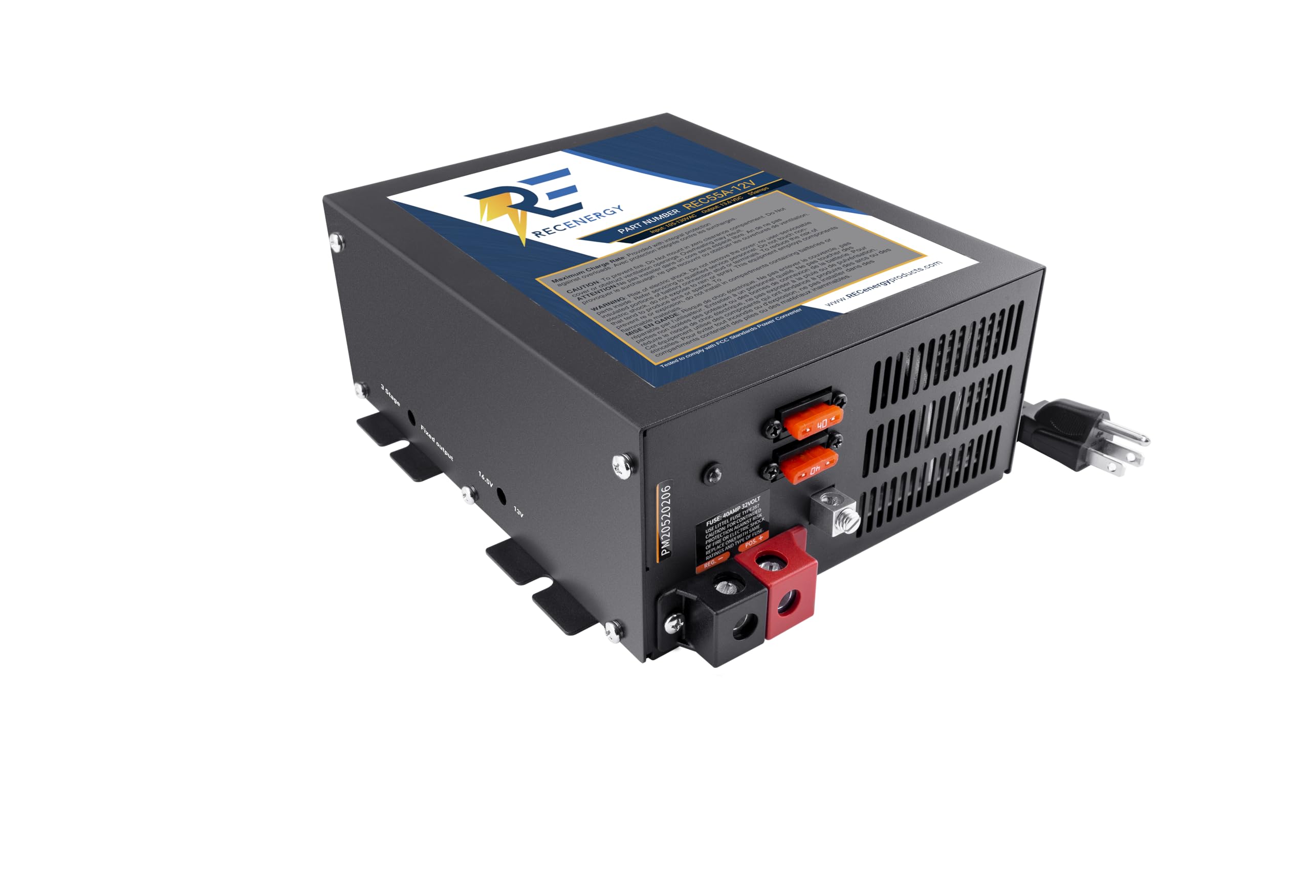 RecEnergy 55 Amp RV Power Converter - 12V DC Output with Smart 3-Stage Battery Charger | 110V AC to 12V DC Converter for Campers & RVs | Lithium Battery Compatible | Adjustable Voltage 13V-16.5V (REC55A-12V) | Perfect for Off-Grid Living & RV Power Systems
