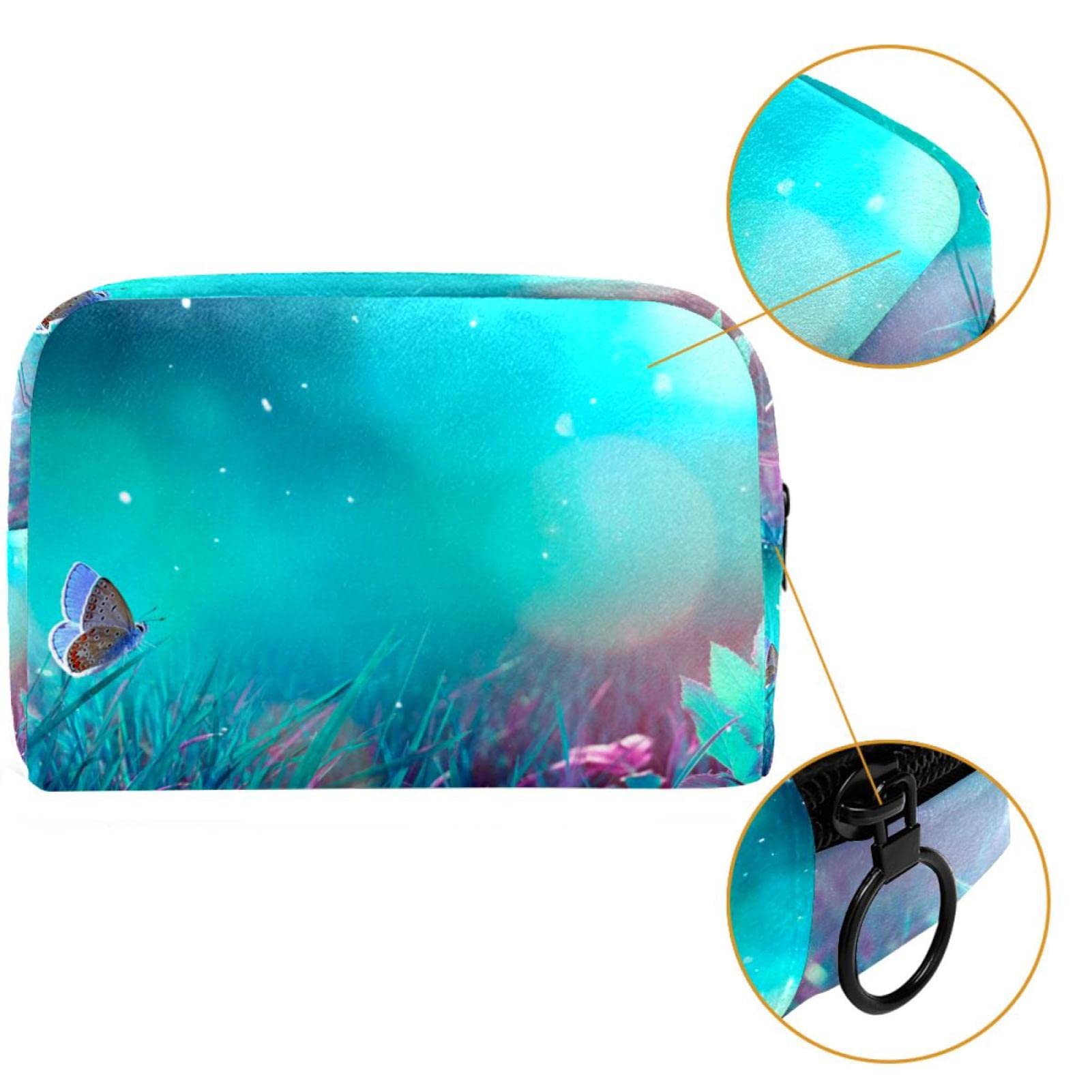 Elegant Cyan Grass Butterfly Makeup Bag - Large Capacity Travel Toiletry Organizer Case for Women | Perfect for Travel, Gym, and Daily Cosmetics Storage