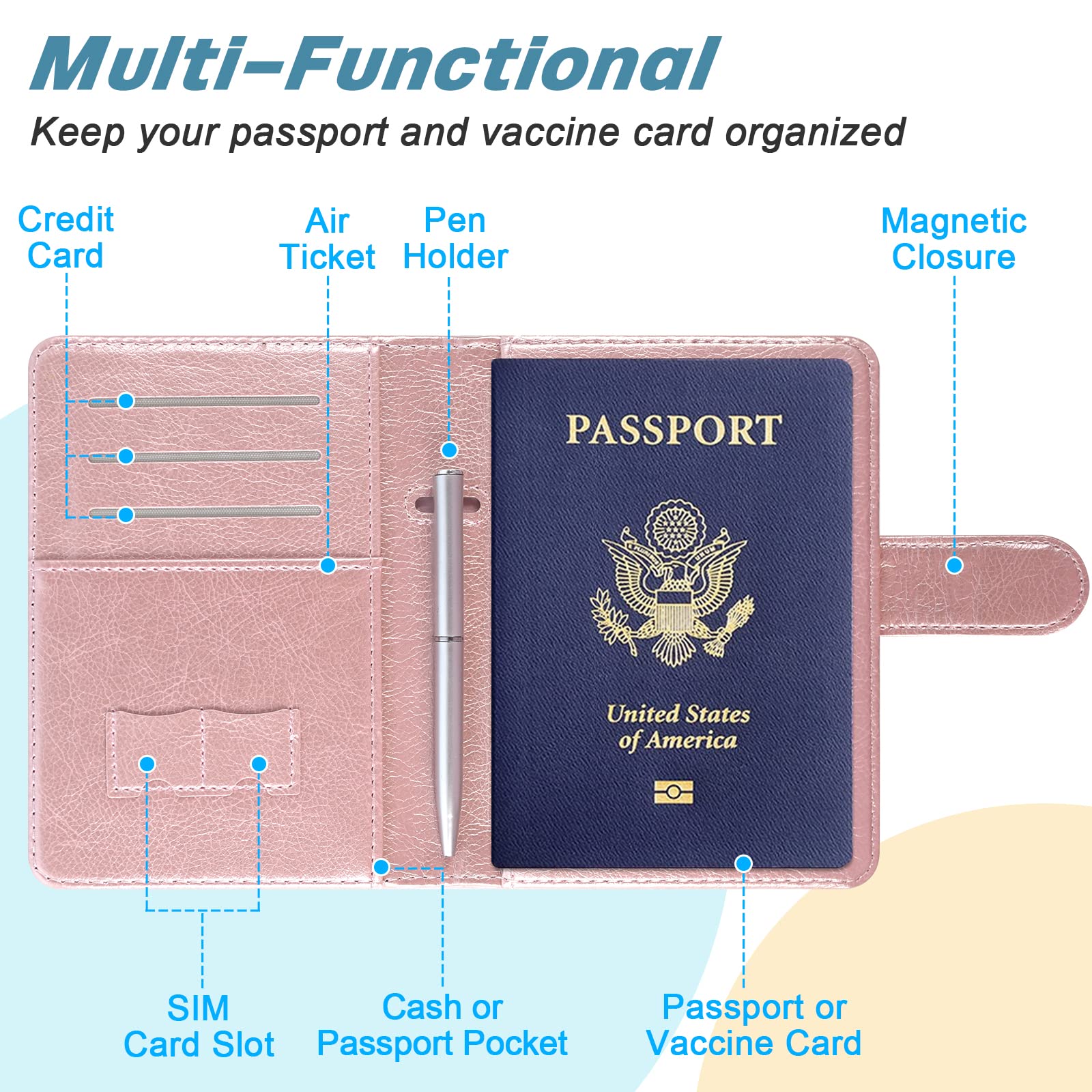 Premium PU Leather RFID Blocking Passport Holder & Travel Wallet - Secure Magnetic Closure Passport Cover Case with Free Mini Pen - Rose Gold Travel Document Organizer for Women & Men | Perfect for Airports, Business Trips & International Travel