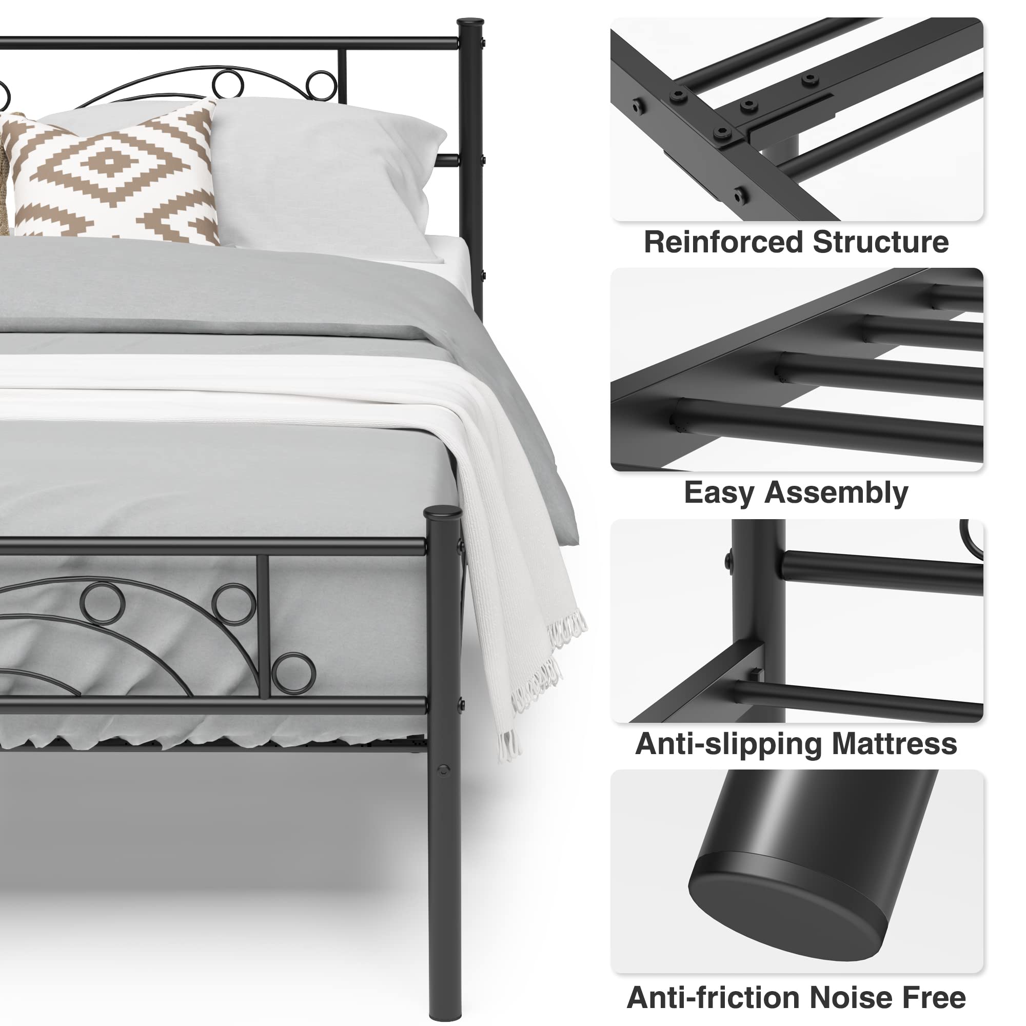 Weehom Full Size Metal Bed Frame with Headboard & Footboard - Sturdy Platform Bed Base, No Box Spring Needed - Black - Perfect for Modern Bedrooms & Guest Rooms