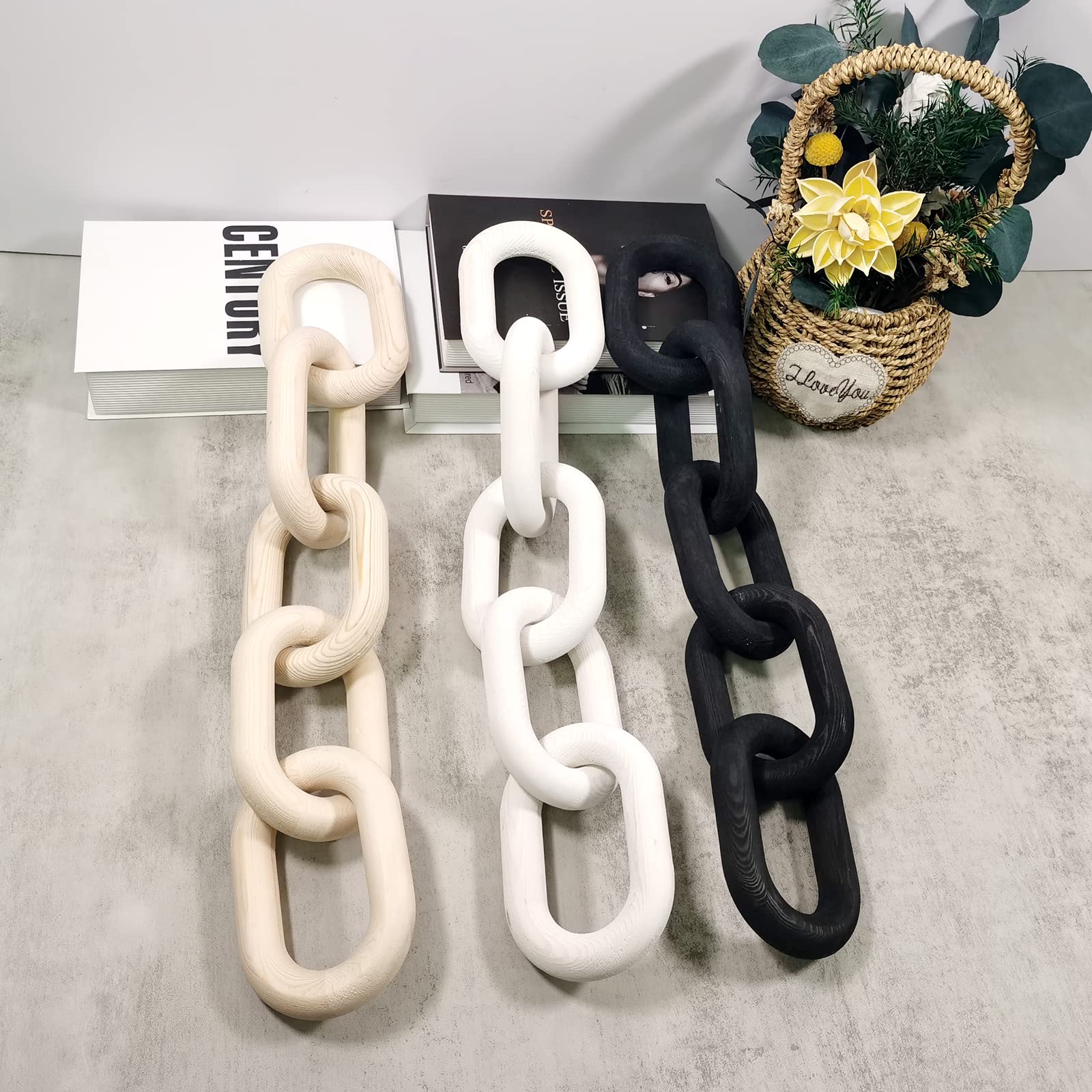 Boho Wooden Chain Link Shelf Decor - Hand Carved Pine Wood 5-Link Chain for Farmhouse, Living Room, Bedroom, Bookshelf & Coffee Table - Rustic Home Accent (White) | Perfect for Wall Hanging, Shelf Styling & Boho Interior Design