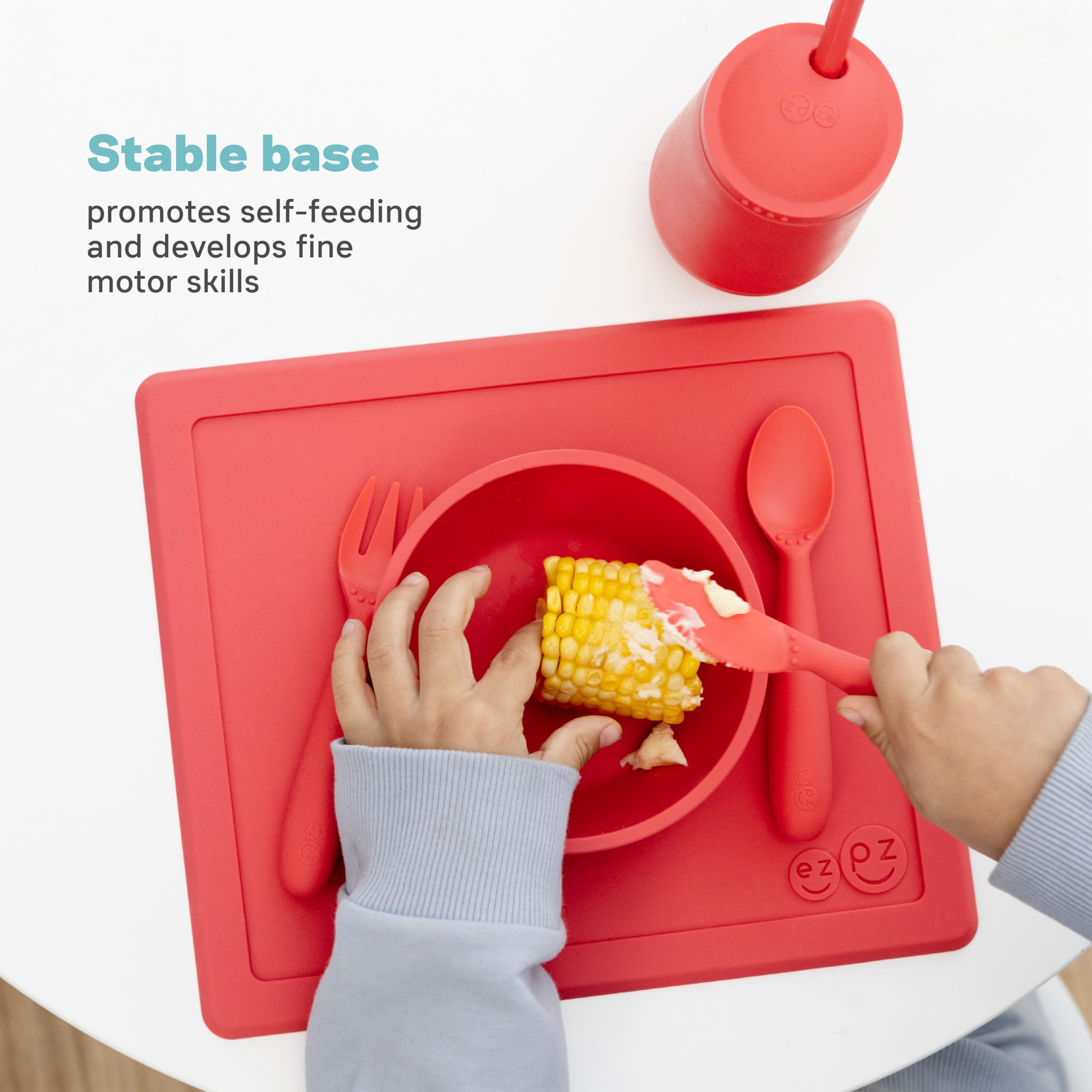 Ezpz Happy Bowl - 100% Silicone Suction Bowl with Built-in Placemat for Toddlers 24 Months+ (Blue) | Dishwasher Safe | Perfect for Mess-Free Mealtime at Home or Travel