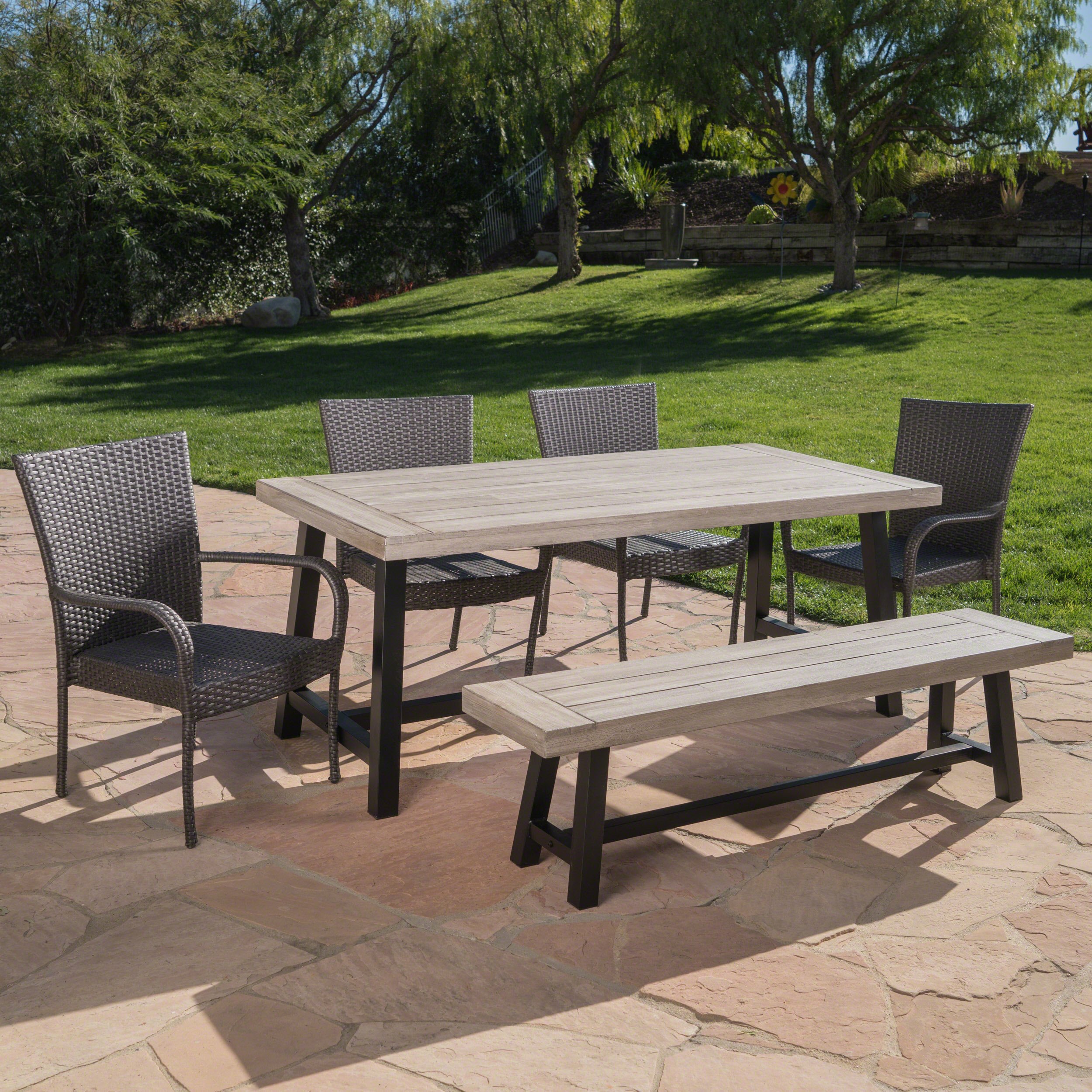Christopher Knight Home Cooper 6-Piece Outdoor Stacking Wicker Dining Set with Acacia Wood Table & Bench - Sandblast Light Grey/Black Rustic Metal/Grey - Perfect for Patio, Garden & Backyard Entertaining