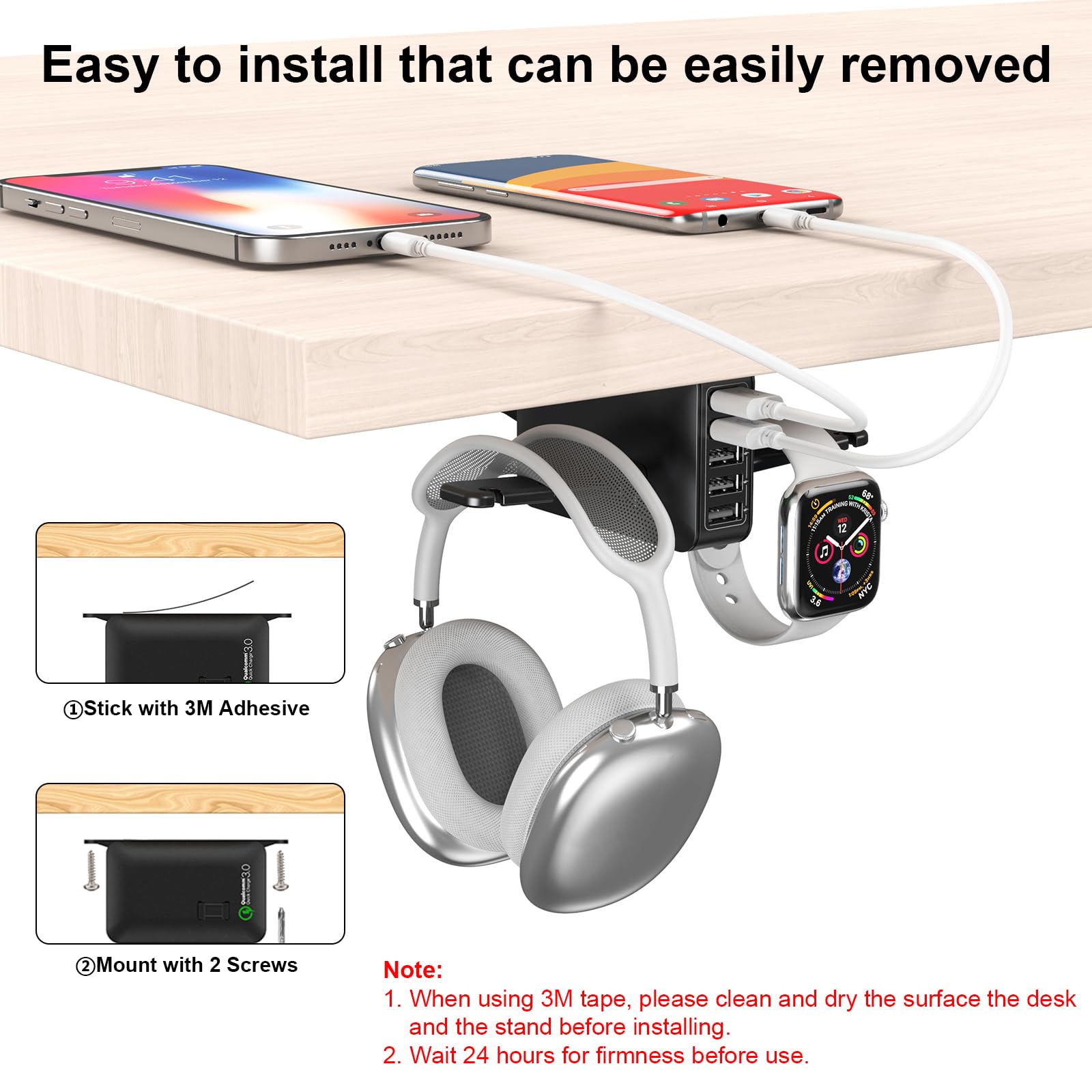 Premium Dual Headphone Stand with USB Charging Station - Under Desk Gaming Headset Holder for PC, PS5, Xbox - 5-Port USB Hub & Headphone Hanger - Perfect Gaming Gift for Men, Boyfriend, Husband - Ideal for Home Office & Gaming Setup