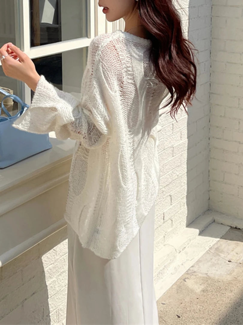Beige Oversized Hollow Knit Sweater for Women - Round Neck Long Sleeve Pullover | 2025 Spring Autumn Fashion Trend (Style 1DH9646) - Perfect for Casual Outings, Office Wear & Cozy Fall Layering