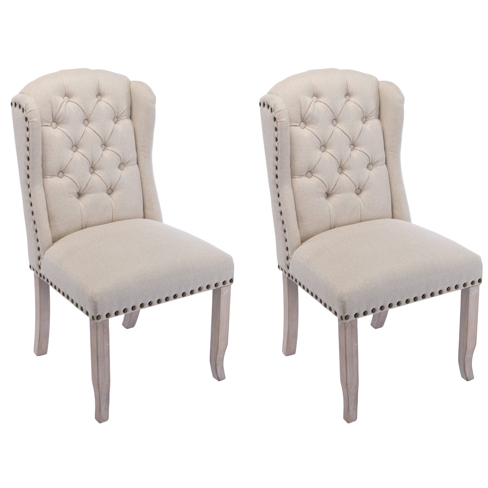 HEAH-YO Modern Dining Chairs Set of 2 - Linen Upholstered Tufted Chairs with Nailhead Trim & Wood Legs, Armless Guest Chairs for Dining Room, Living Room, Kitchen - Beige | Perfect for Home Decor, Entertaining Guests, and Everyday Comfort