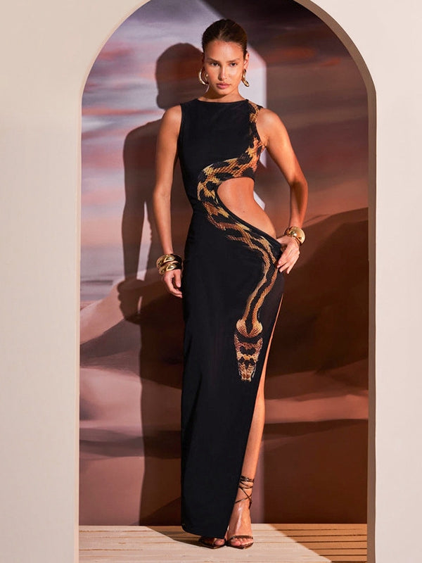 ZASUWA Women's Snake Print Cutout Bodycon Dress with High Slit | Sexy Party Club Dress for Night Out, Date Night, and Special Occasions