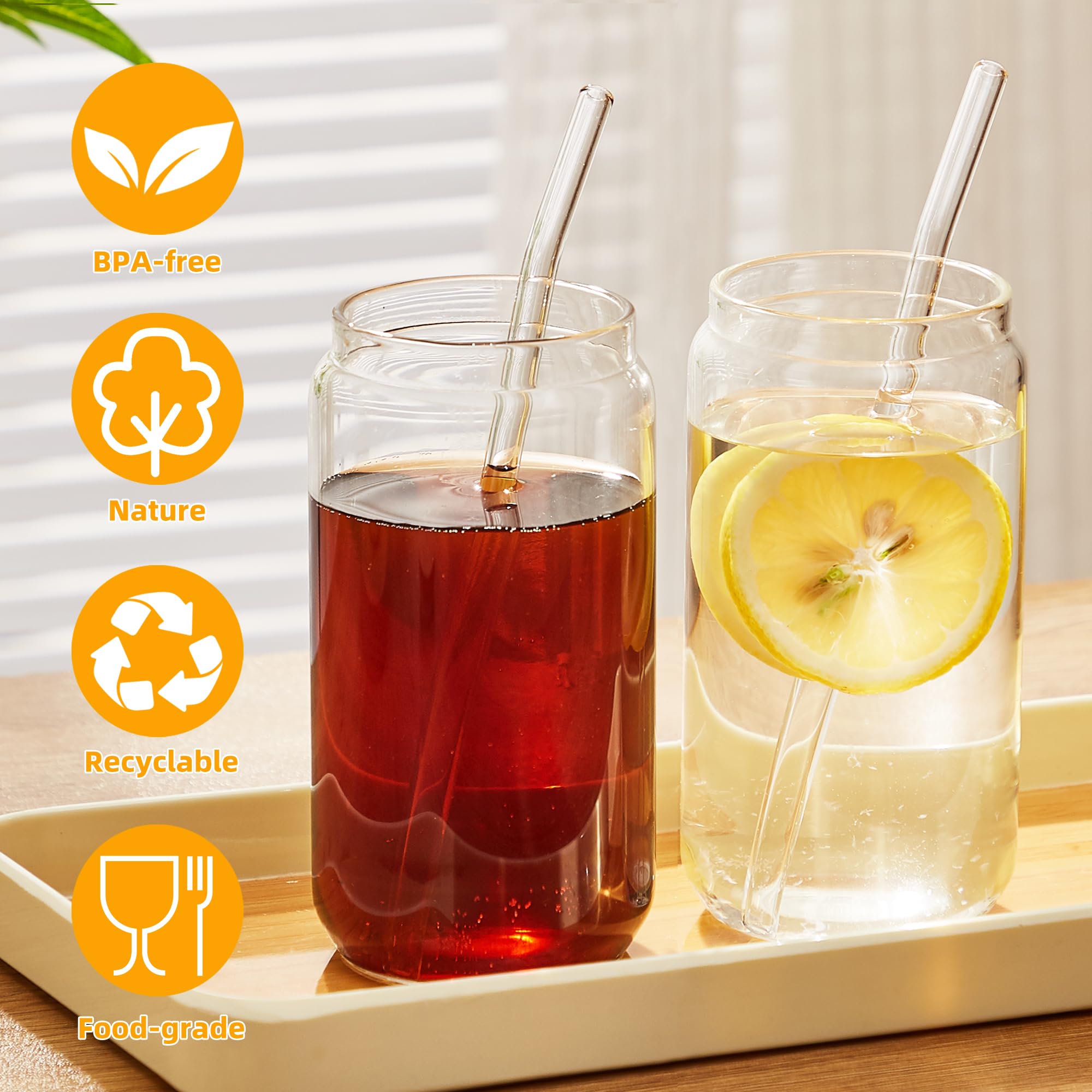 6-Piece Set of 16oz Beer Can Shaped Glass Cups with Bamboo Lids & Glass Straws - Cute Tumbler for Soda, Cocktails, Iced Coffee - Includes 6 Cleaning Brushes - Perfect for Home, Office, Parties & Outdoor Gatherings