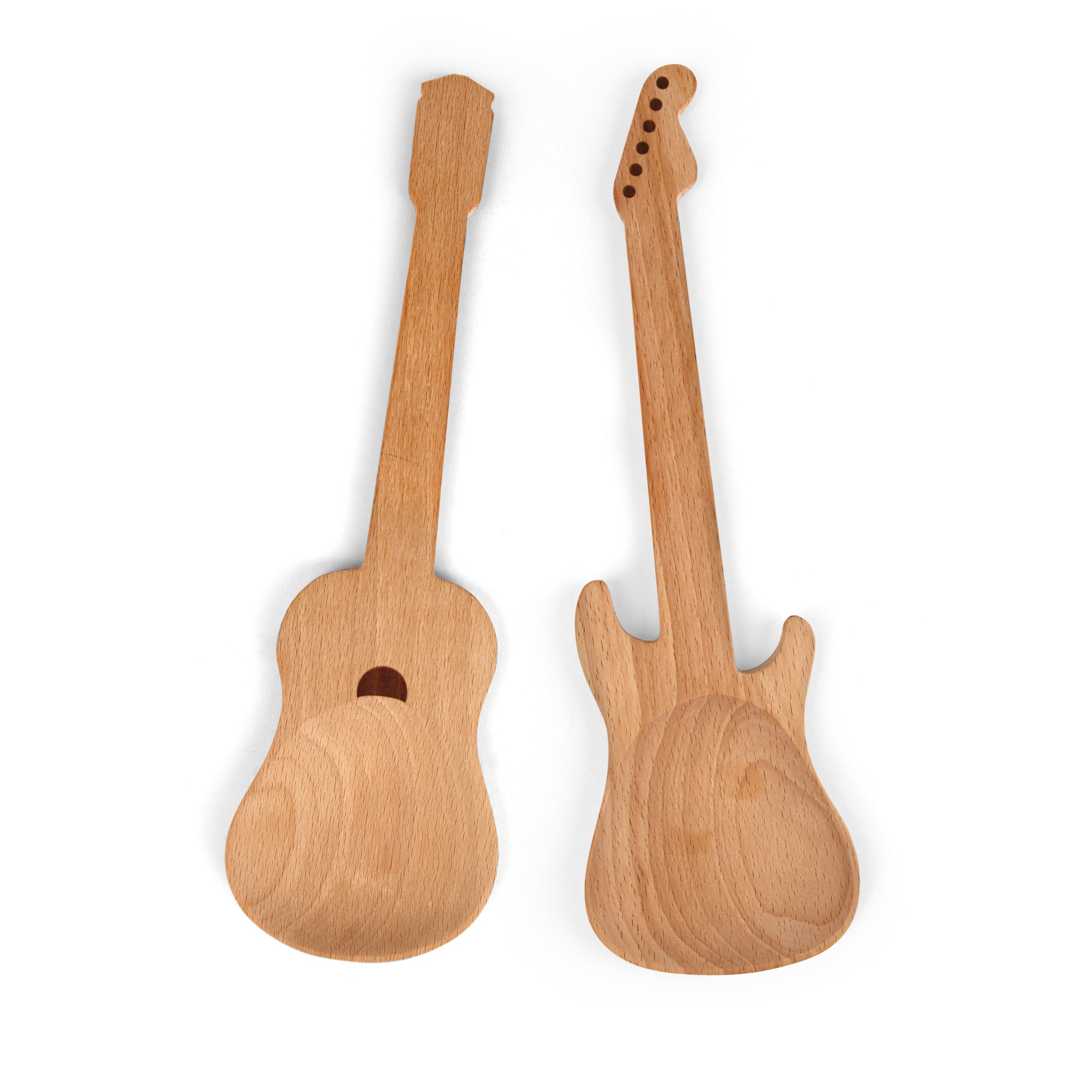 Beech Wood Rocking Guitar Salad Servers Set - Handcrafted Wooden Salad Tongs & Forks for BBQ, Picnic, Party Serving - Unique Kitchen Gift for Music Lovers