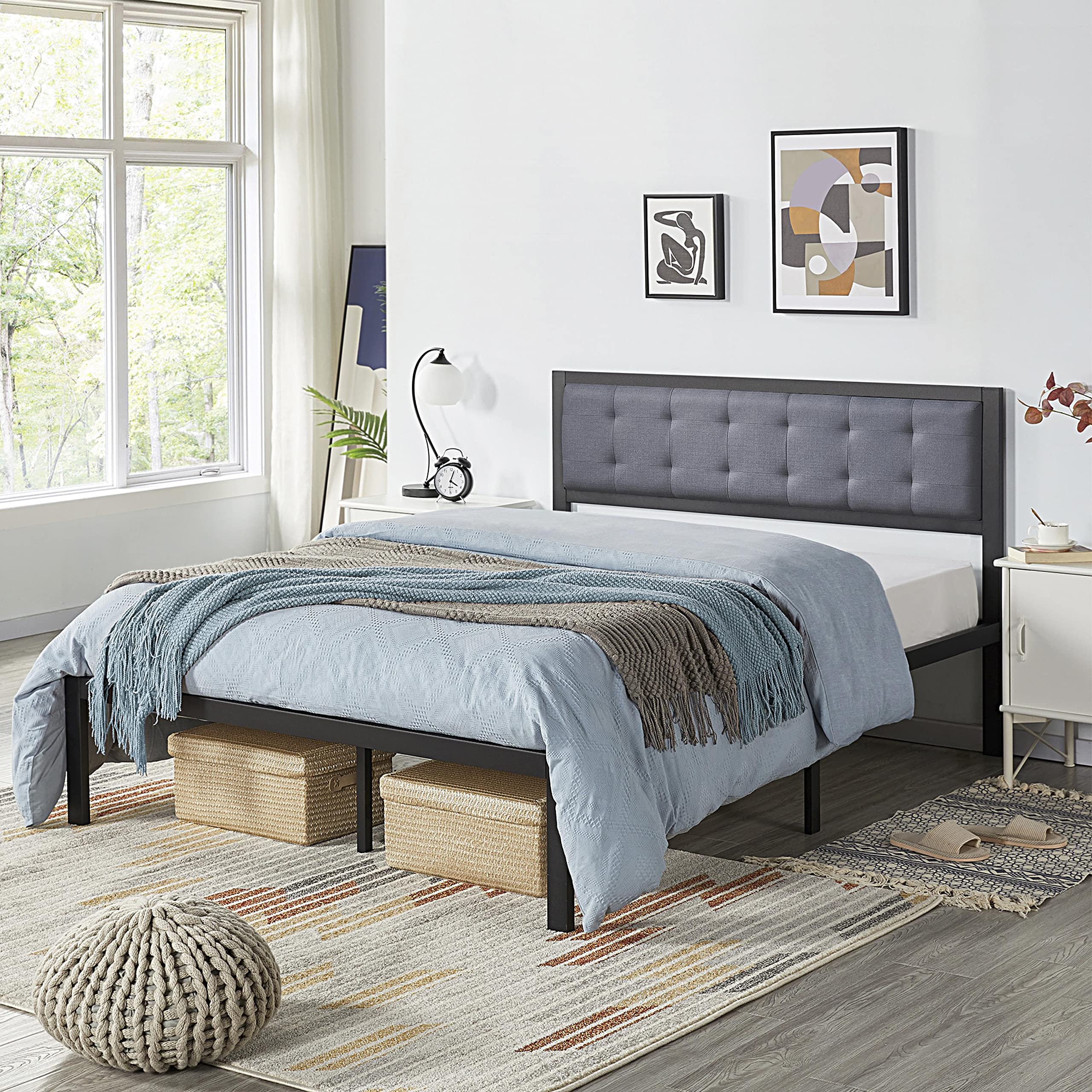 Yaheetech 14 Inch Full Size Metal Platform Bed Frame with Upholstered Button Tufted Headboard - No Box Spring Needed, Sturdy Mattress Foundation with Underbed Storage Space - Perfect for Kids, Teens & Guest Rooms (Gray)