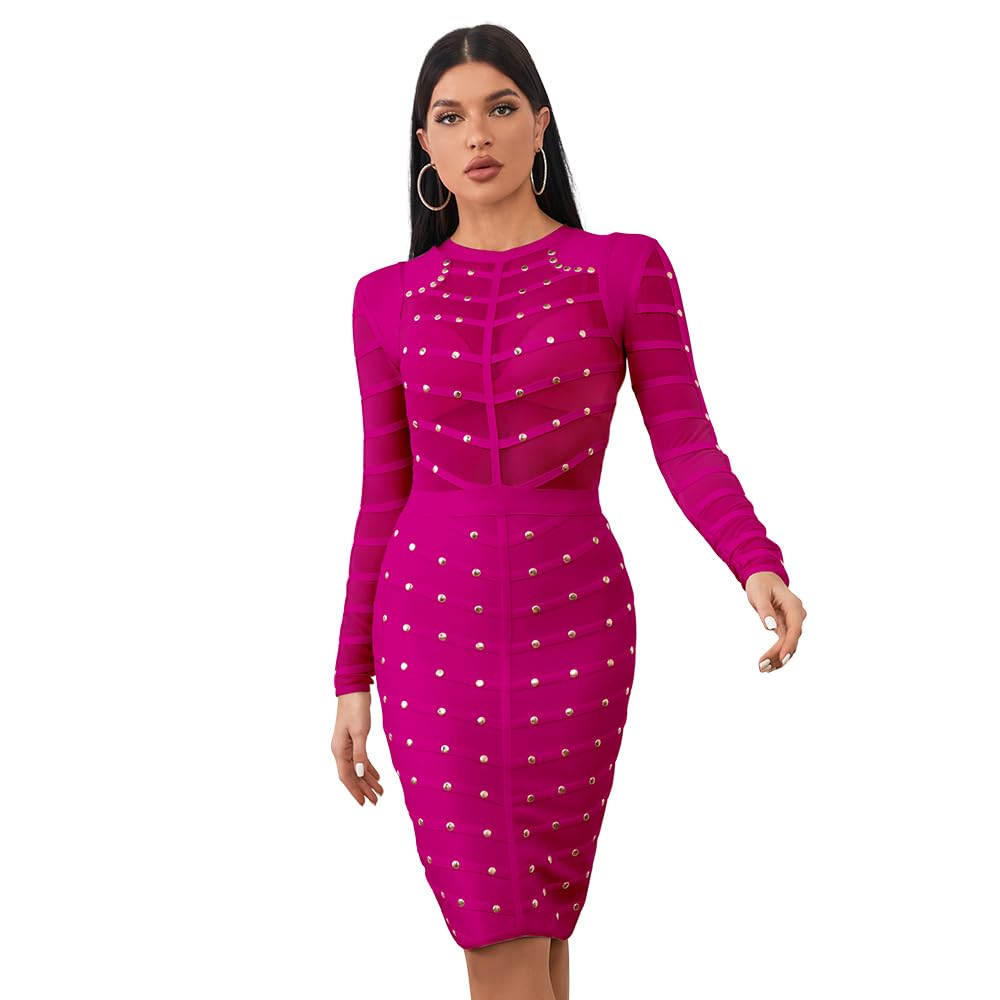 Mesh Beaded Long Sleeve Bandage Dress - Knee Length Bodycon Cocktail Party Dress for Women, Perfect for Night Out, Club Wear, Date Night and Special Occasions