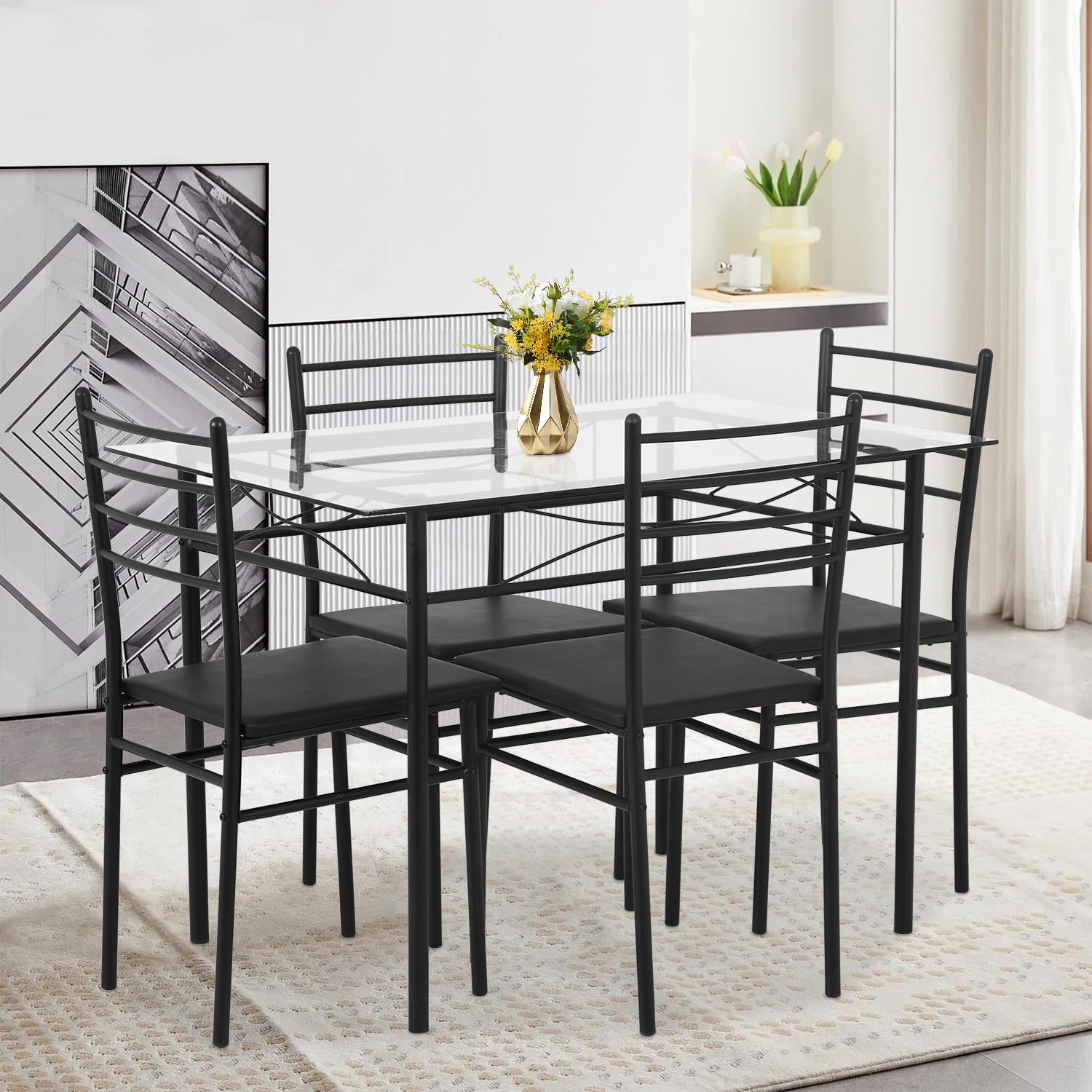 **PayLessHere 5-Piece Modern Dining Set - Glass Top Table & 4 Metal Leg Chairs for Kitchen, Breakfast Nook, or Small Space | Perfect for Family Meals & Entertaining Guests**