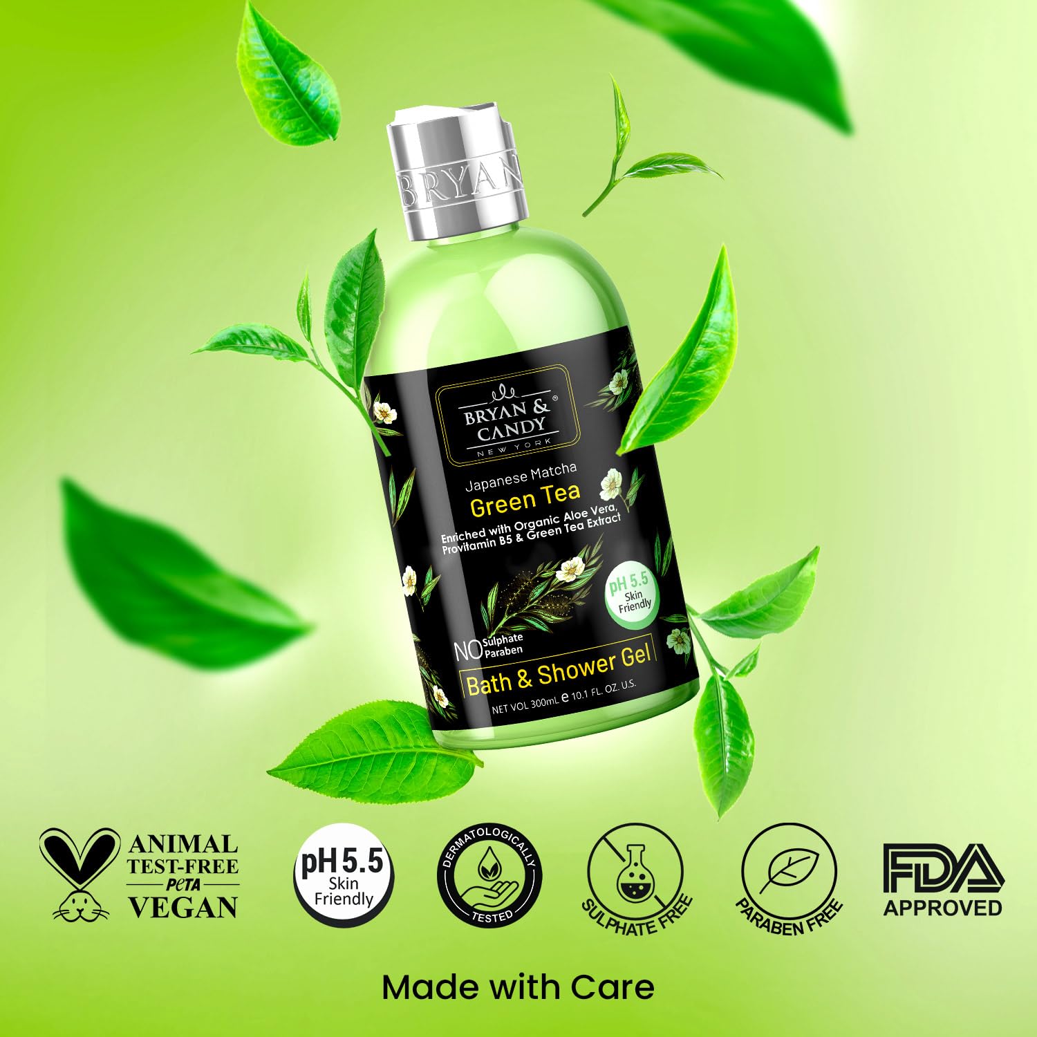 Bryan & Candy Green Tea & Aloe Vera Shower Gel (300ml) - Gentle Moisturizing Body Wash for Soft Skin | Refreshing Daily Cleanser for Dry & Sensitive Skin | Perfect for Morning Energy Boost & Nighttime Relaxation