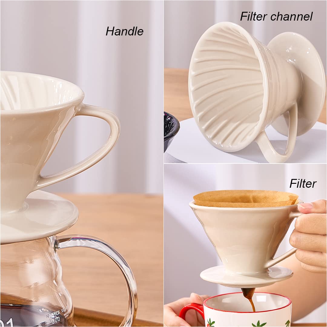 YOLIFE Ceramic Pour Over Coffee Dripper - 2 Cup Coffee Maker for Home & Office Brewing - Perfect for Single Serve or Small Batch Coffee - Off White Design