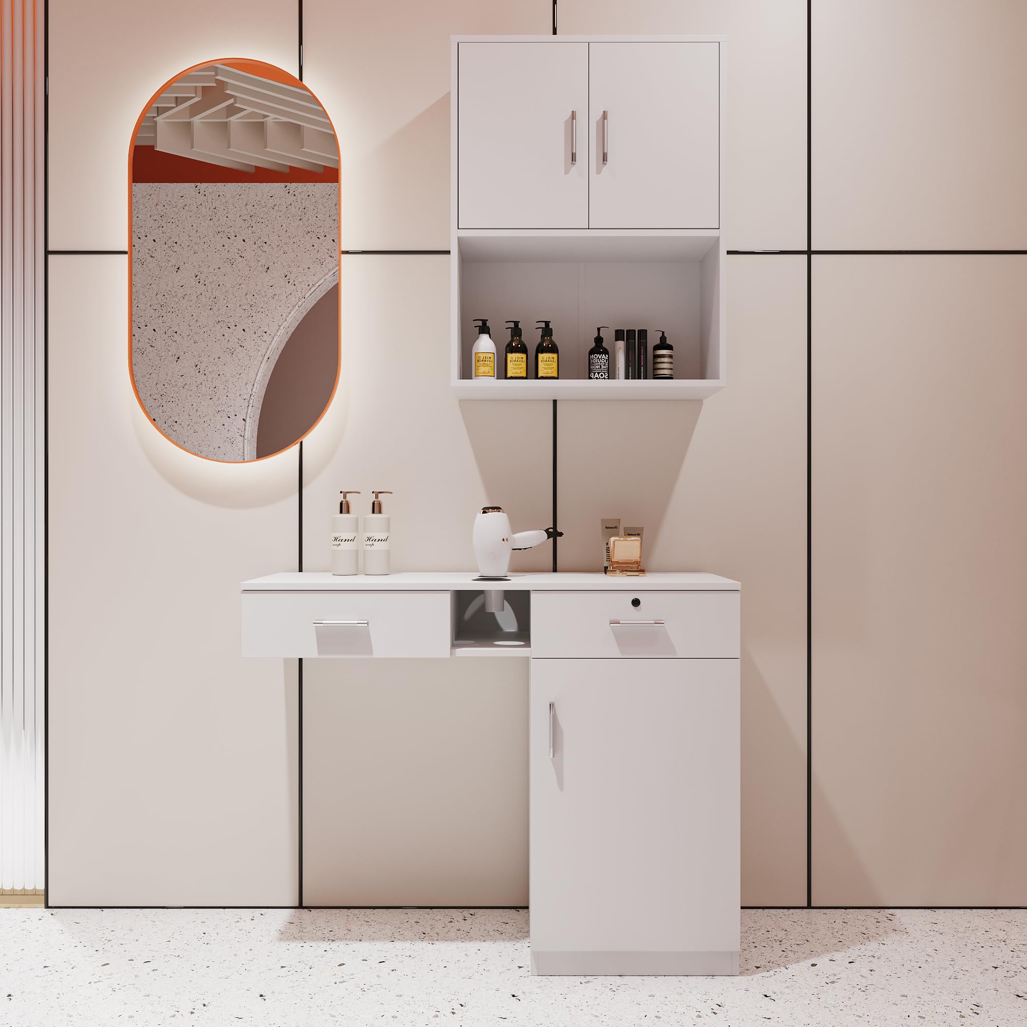AMNOOL Wall Mounted Shampoo Table Storage Cabinet for Salon & Spa - 2 Shelves & 1 Closed Cabinet - White - Professional Beauty Equipment for Barber Shops, Hair Salons, Makeup Studios (Perfect for Small Spaces & Salon Organization)