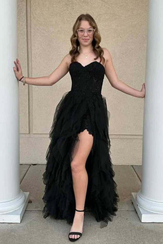 Elegant Black Lace Strapless Corset Evening Gown - UK Size - Perfect for Prom, Cocktail Parties & Formal Events