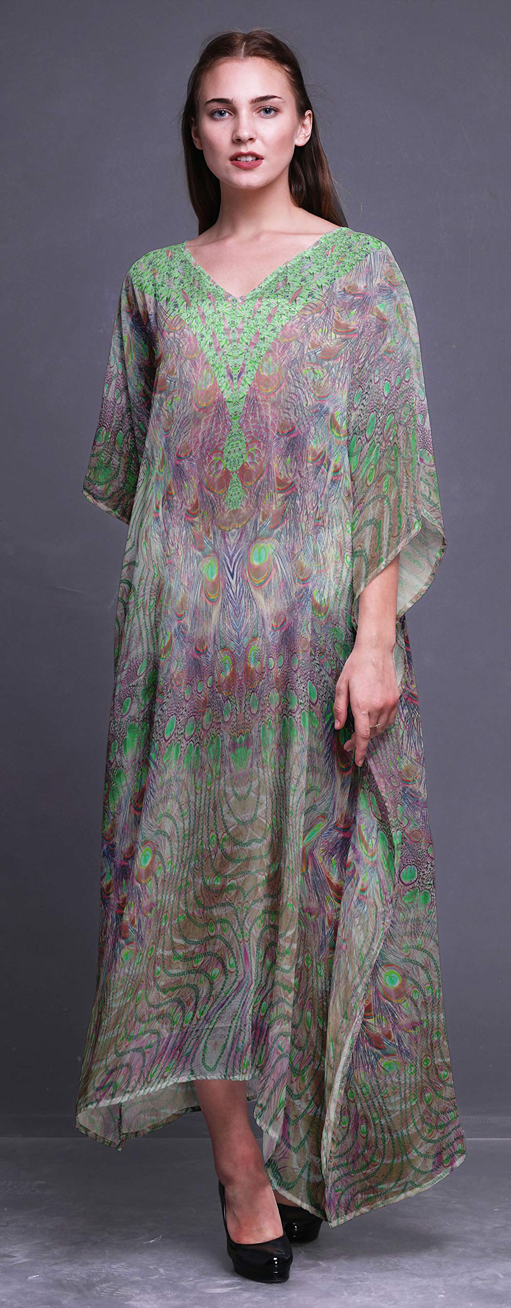Elegant Peacock Feather Print Women's Long Beach Kaftan - Flowy Bikini Cover Up Maxi Dress for Summer Vacation, Pool Party & Boho Fashion