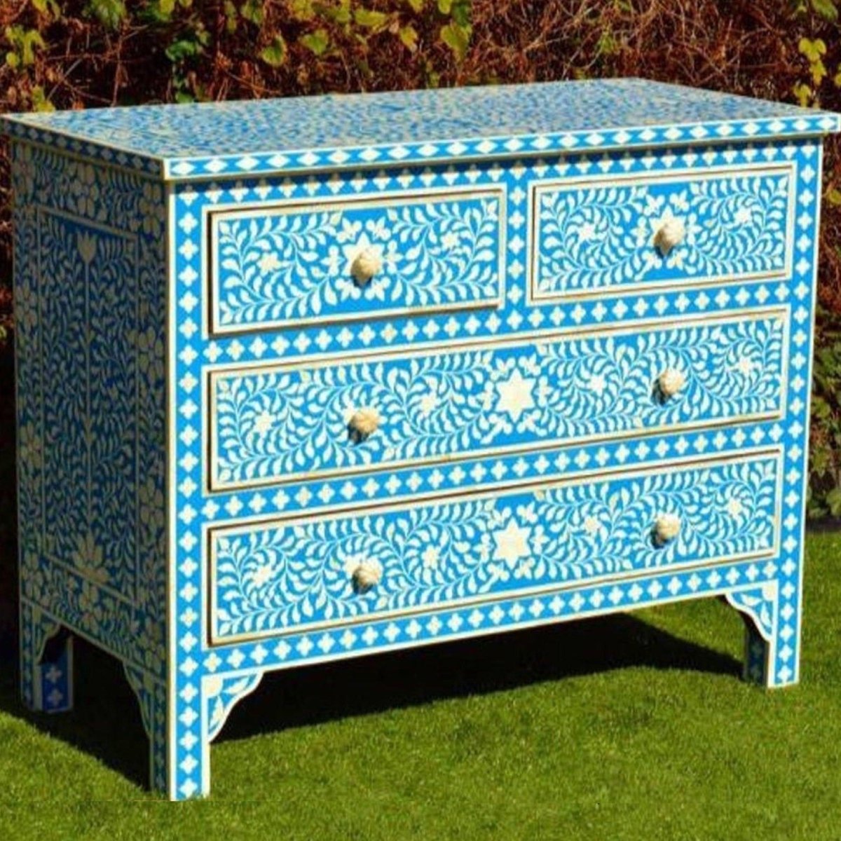 Handmade Blue Bone Inlay 4-Drawer Dresser - Vintage Boho Bedroom Furniture for Storage & Decor