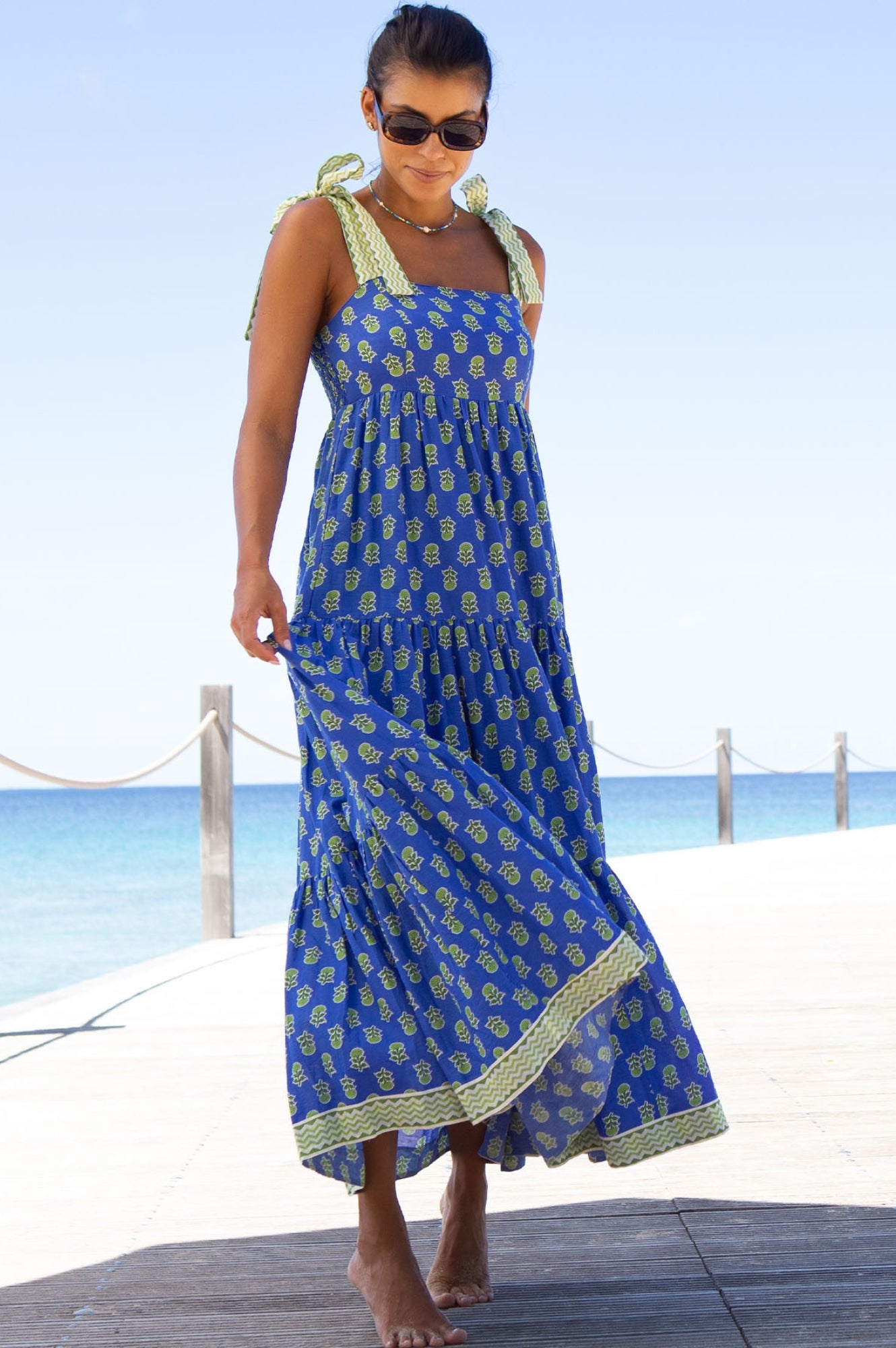 Tabitha Printed Organic Cotton Dress | Odisha Print Blue/Green | Women's Boho Summer Dress for Beach, Vacation & Casual Wear