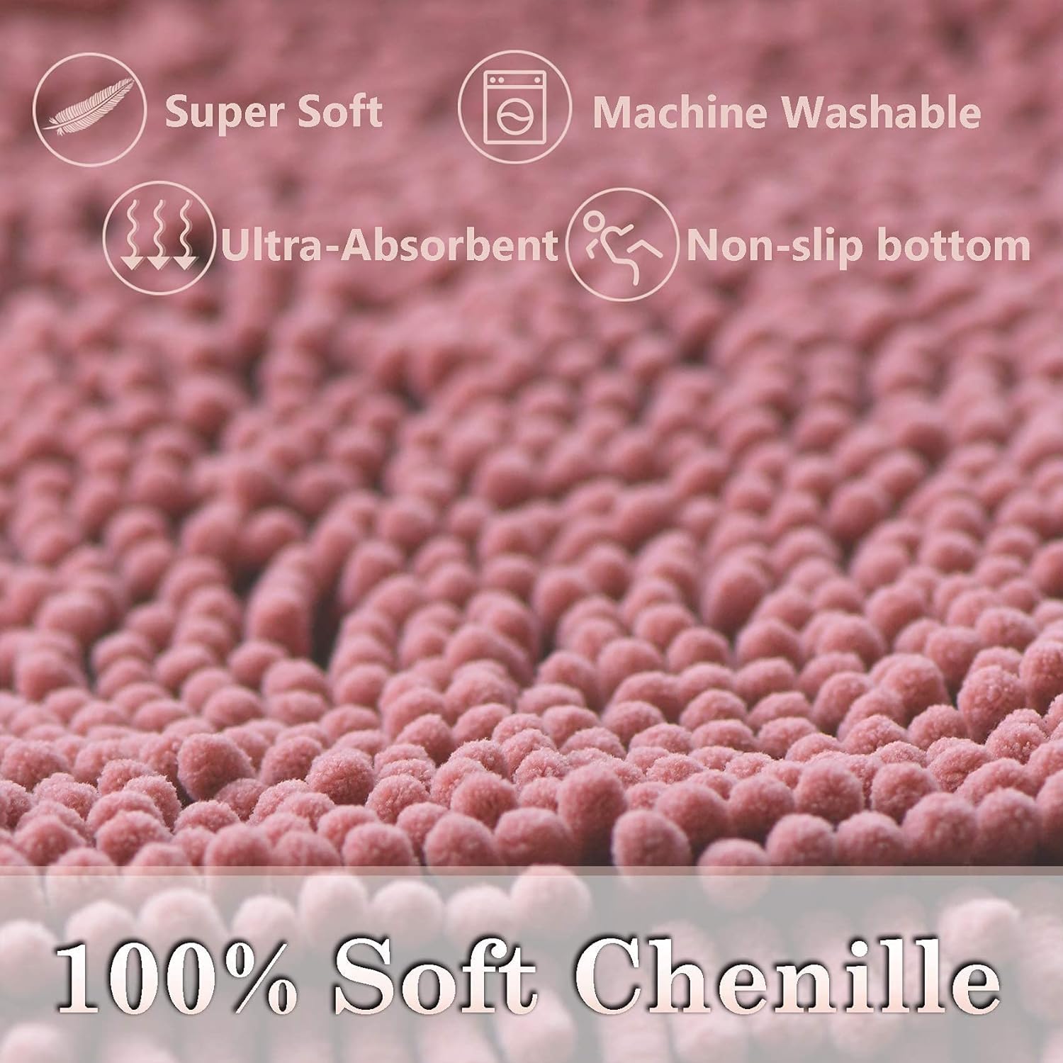 Premium Chenille Bath Mats Set of 3 - Ultra Soft Non-Slip & Super Absorbent Bathroom Rugs in Misty Rose - Plush Shaggy Bath Mat for Bathroom, Tub & Shower - Perfect for Cozy Bathrooms & Spa-Like Relaxation