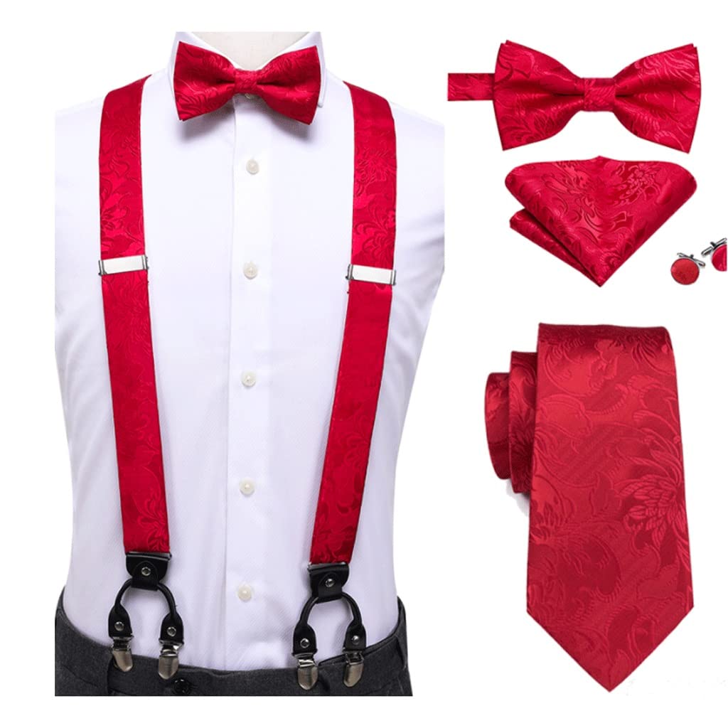 Vintage Silk Men's Suspenders with Leather Clips & Bow Tie Set - Gold Floral Pattern Formal Wedding Attire Accessories (Red, One Size) - Perfect for Weddings, Proms, Vintage Parties & Formal Events