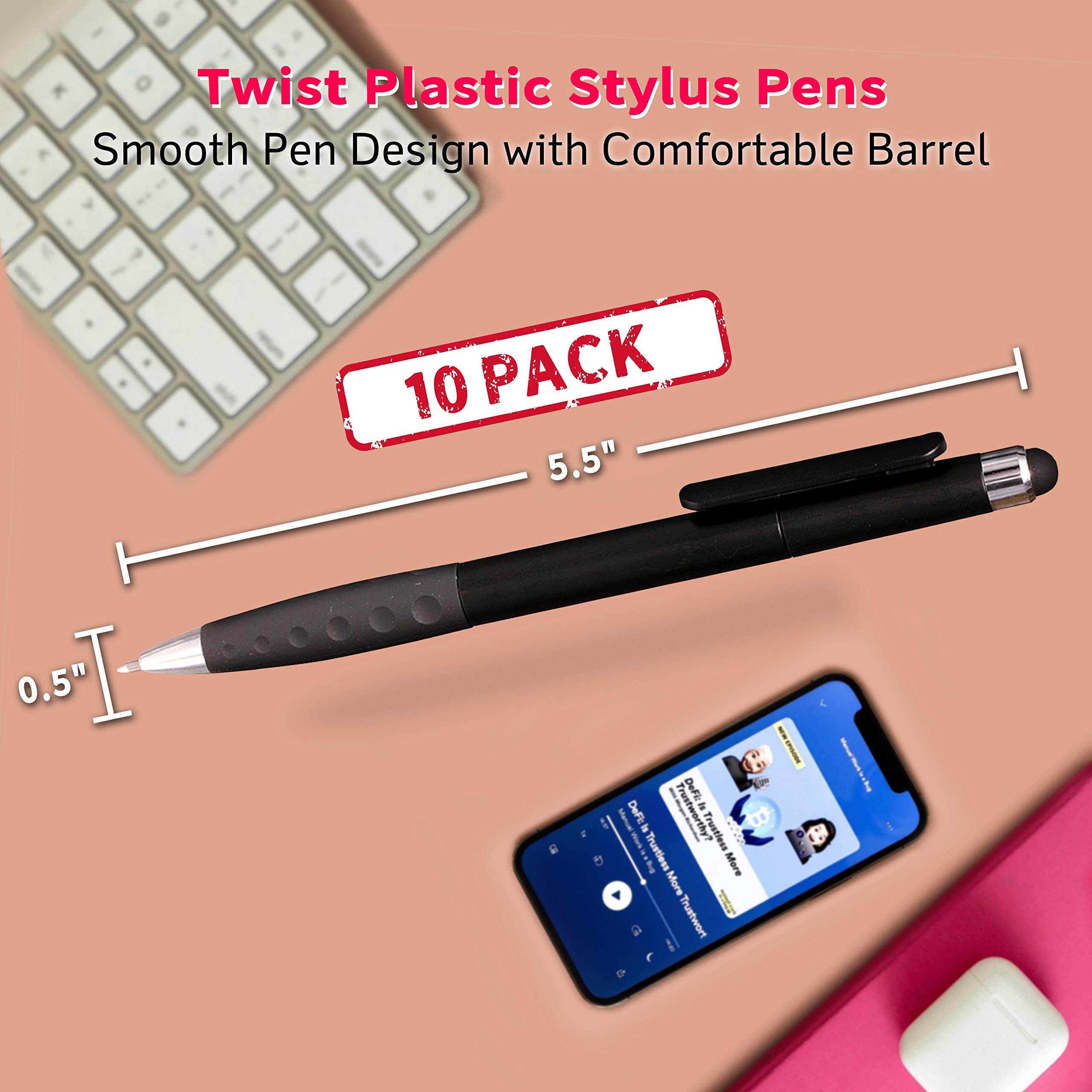 10-Pack Twist Plastic Stylus Pens with Ballpoint Tip & Rubber Grip - Black - Perfect for Touchscreens, Tablets, Smartphones & Digital Signatures