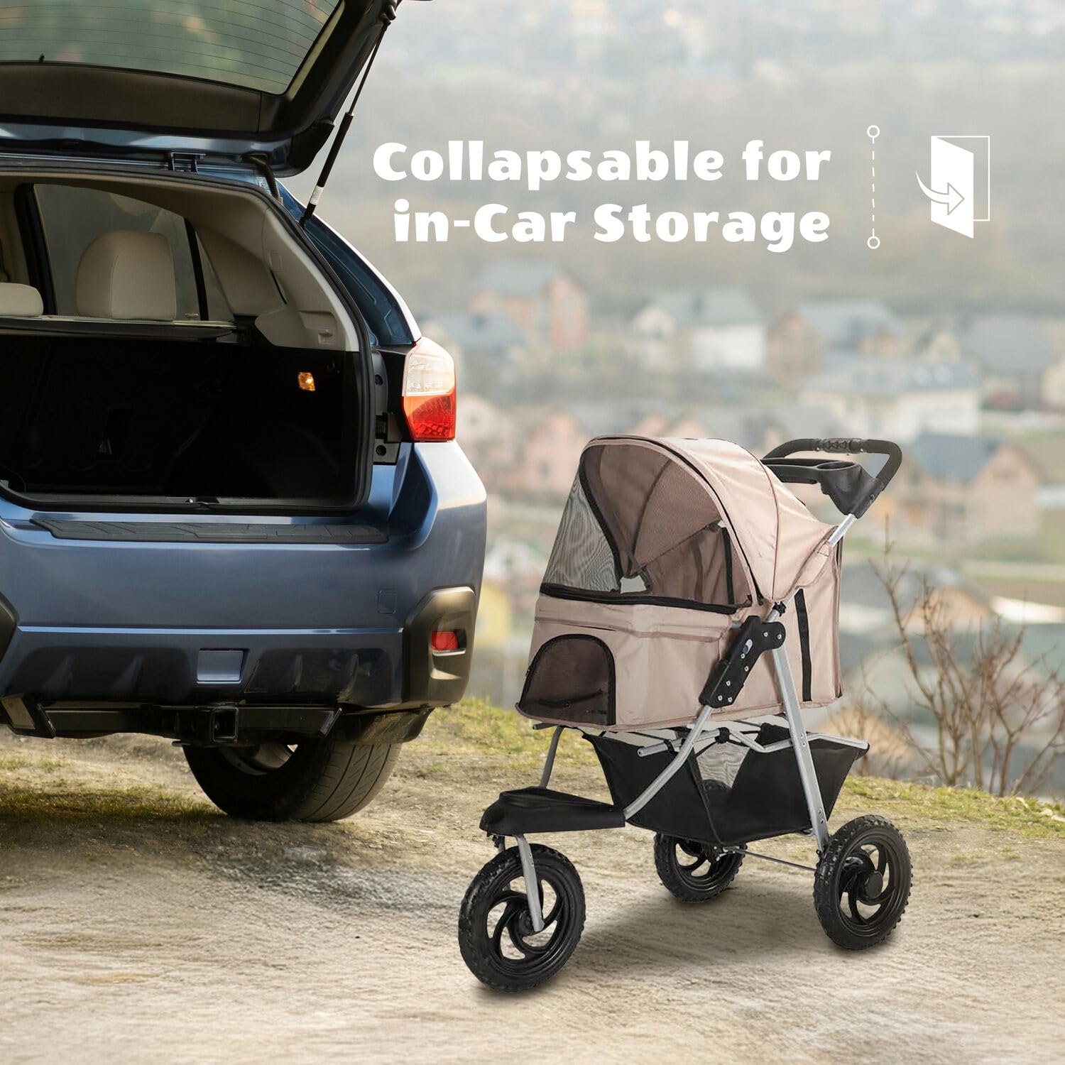 Critter Sitters 3-Wheel Jogging Dog Stroller with Storage Basket & Cup Holders - Modern Pet Stroller for Medium/Large Dogs up to 55lbs - Lightweight Puppy Stroller for Daily Walks, Park Visits & Outdoor Adventures (Tan)
