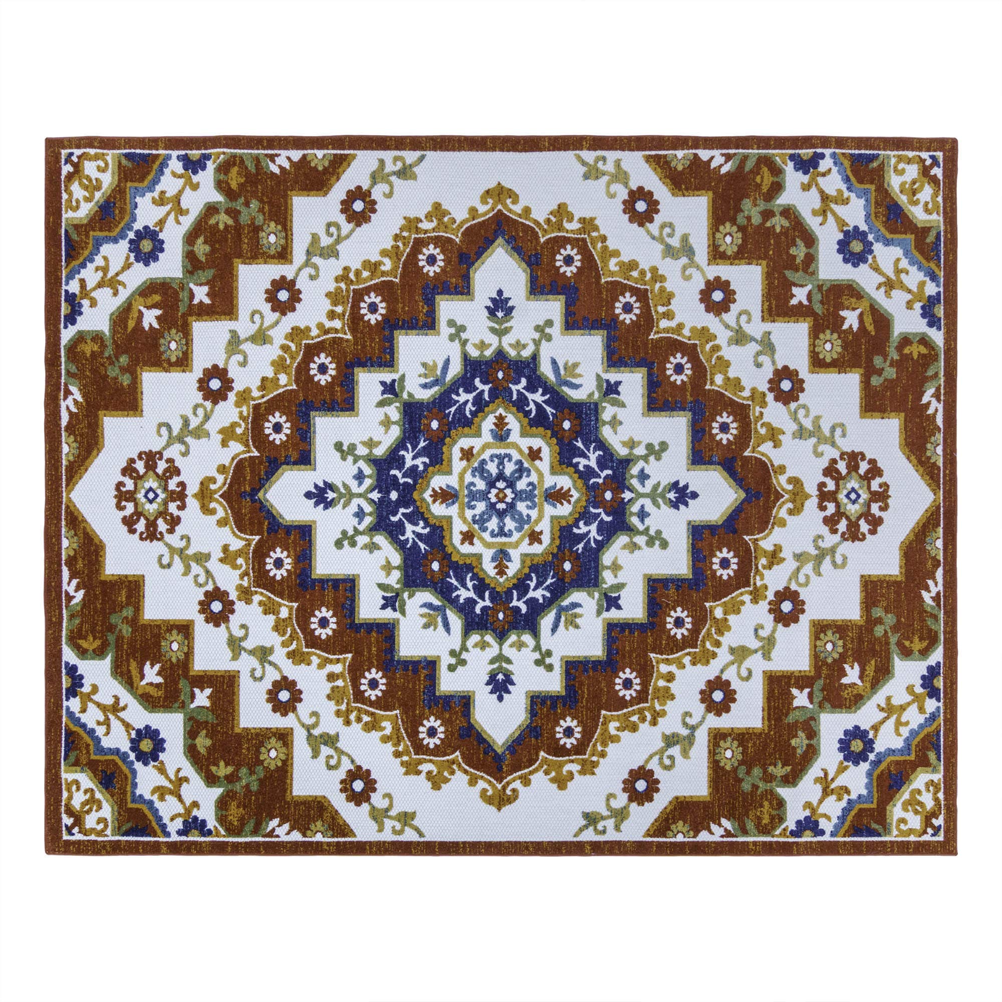 Gertmenian 22440 Indoor Outdoor Rug 5.25x7 FT - Textured Patio Carpet with Floral Diamond Pattern in Orange & Blue - Perfect for Porch, Deck, Garden, and Sunroom Decor