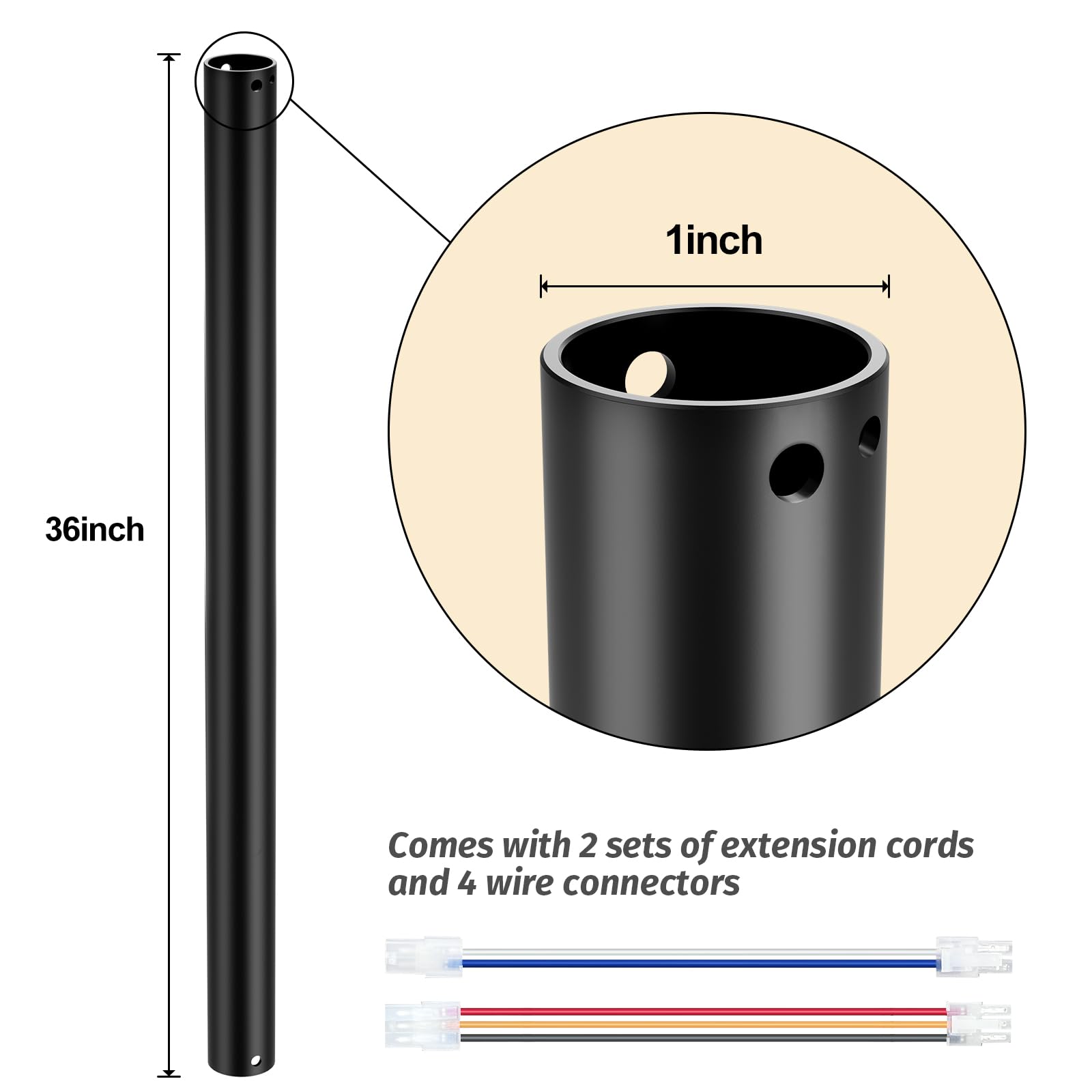 36 Inch Ceiling Fan Extension Downrod with Wires - Matte Black Polished Finish - Replacement Part for Ceiling Fans - Perfect for High Ceilings in Living Rooms, Bedrooms & Patios