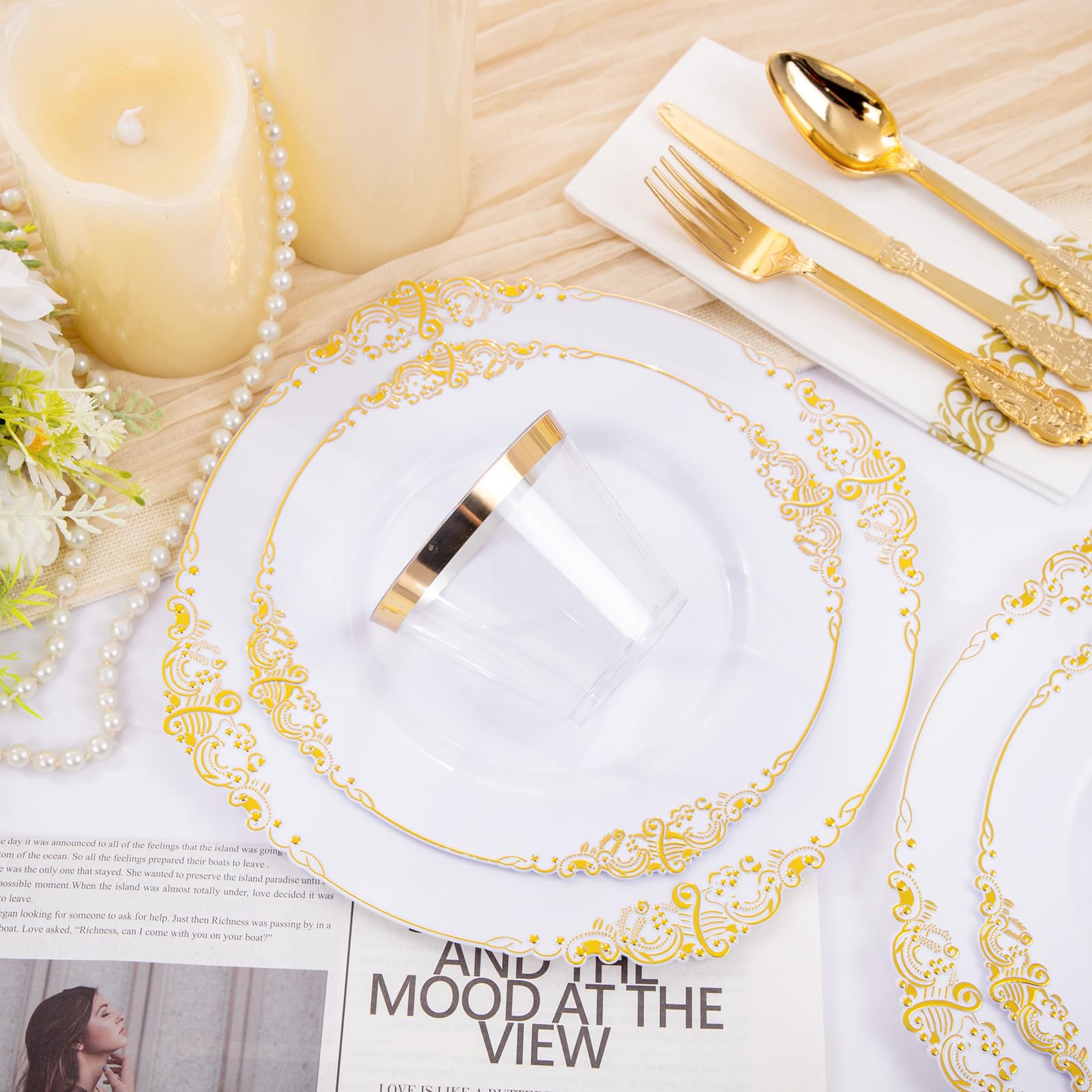 Hioasis 350-Piece White and Gold Disposable Plastic Dinnerware Set - 50 Dinner Plates, 50 Dessert Plates, 50 Forks, 50 Spoons, 50 Knives, 50 Cups & 50 Napkins - Elegant Party Supplies for Weddings, Birthdays & Events