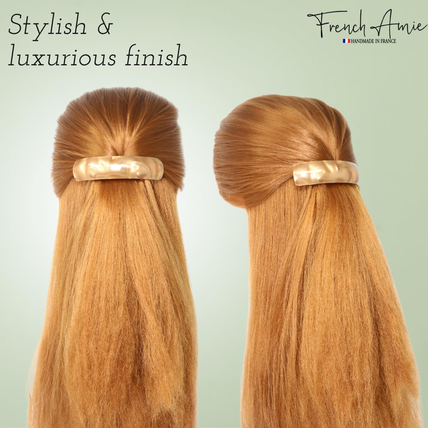 French Amie Curved Oblong Large Celluloid Acetate Handmade Volume Hair Clips - No Slip Fashion Hair Accessories for Women & Girls - Glossy Golden Barrette Made in France - Perfect for Weddings, Parties & Everyday Styling