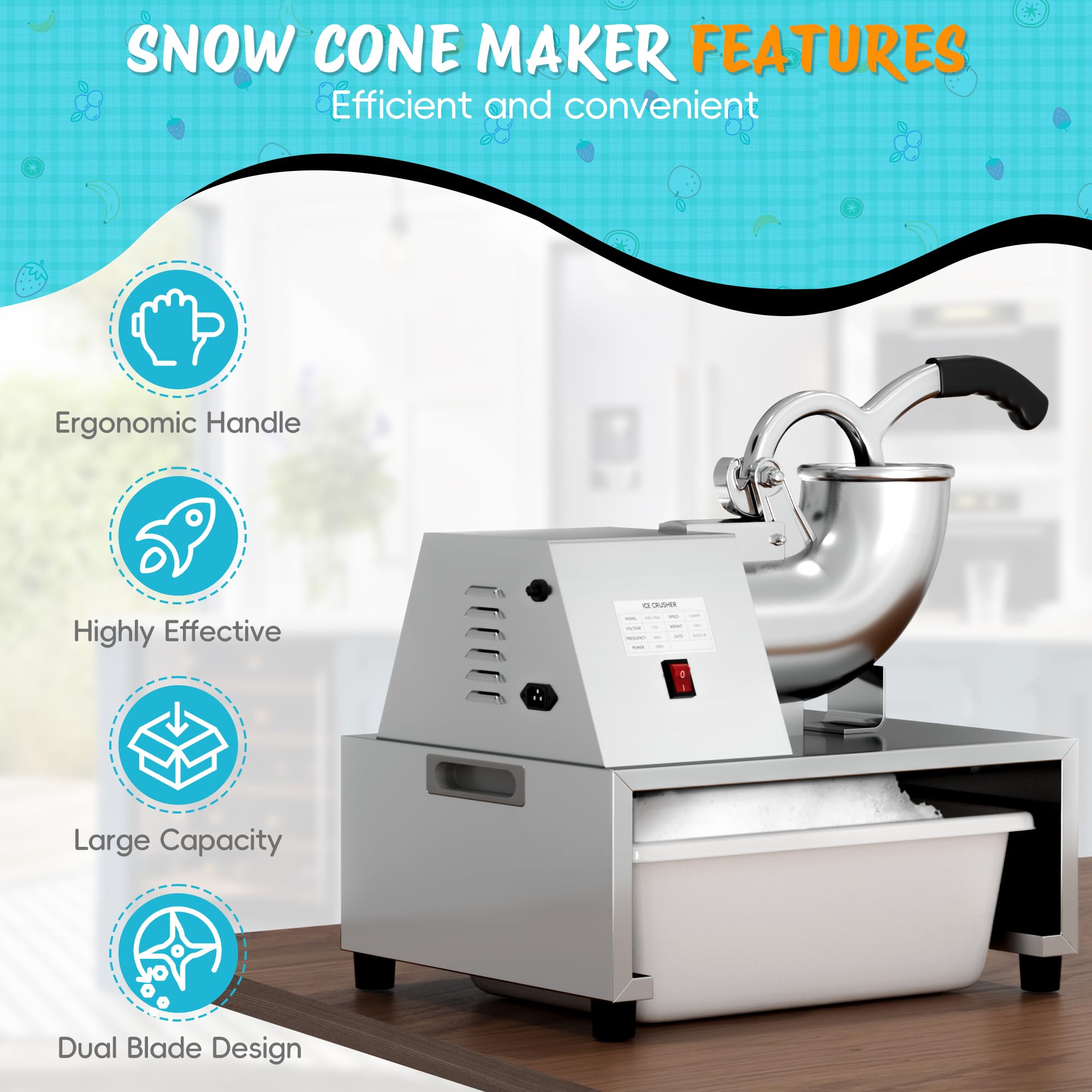 Commercial Snow Cone Machine 500LB/H - 300W Heavy Duty Ice Shaver for Fluffy Shaved Ice, Perfect for Home Parties, Carnivals & Summer Treats - Industrial Grade Snow Cone Maker for Restaurants & Events