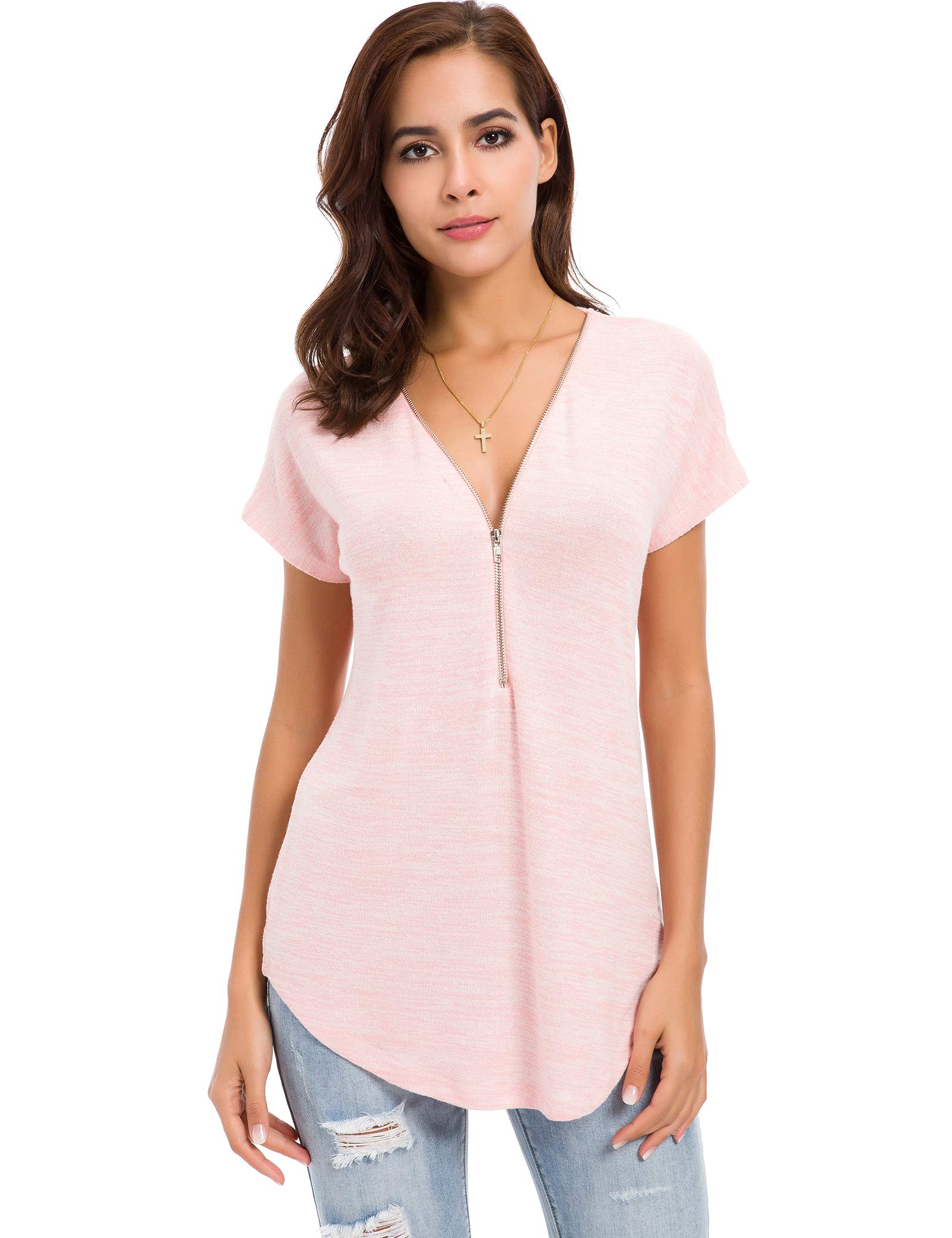 LUSMAY Women's Casual V-Neck Zipper Tunic Top - Loose Fit Short Sleeve Blouse for Summer Outfits, Beach Wear & Everyday Comfort