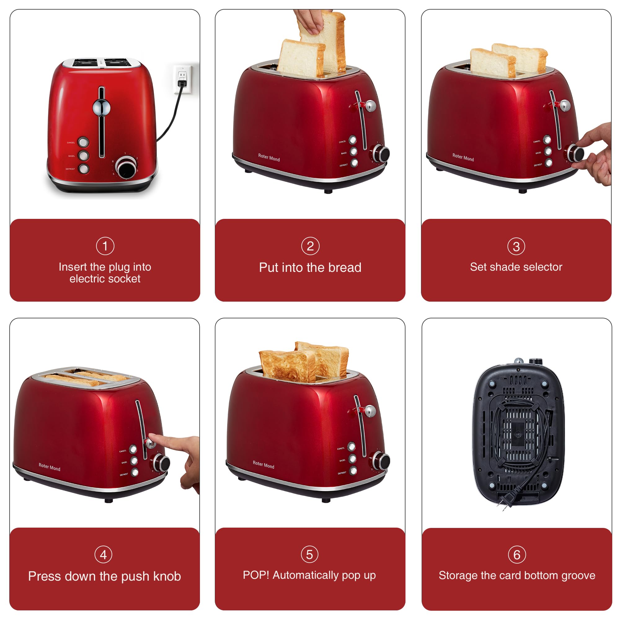 Retro 2-Slice Toaster with Bagel, Cancel & Defrost Functions - Stainless Steel, 6 Shade Settings, Extra Wide Slots & Removable Crumb Tray - Red - Perfect for Kitchens, Dorms & Small Spaces