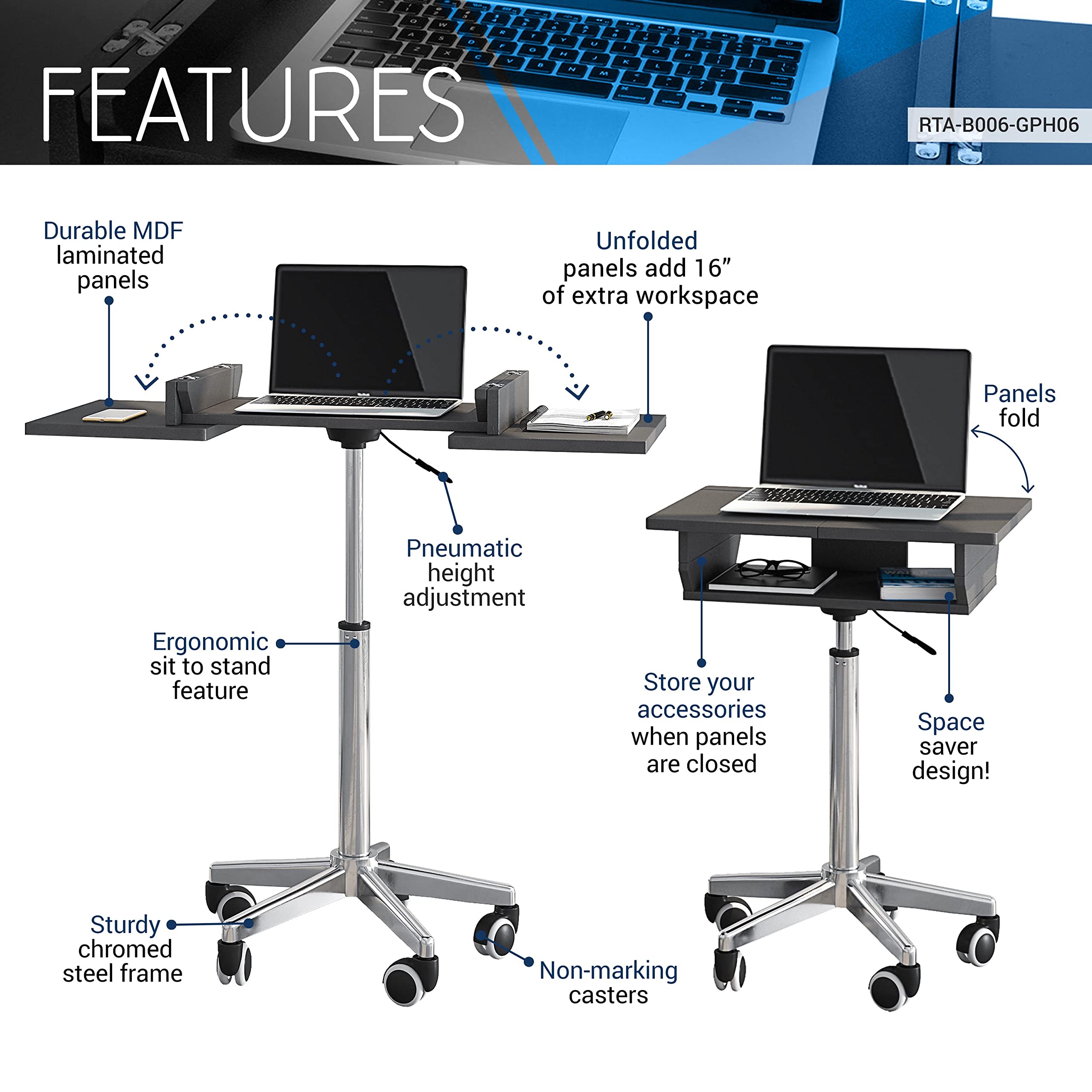 Adjustable Height Portable Standing Desk with Extendable Panels - Rolling Laptop Stand & Podium Desk in Graphite Black - Perfect for Home Office, Work from Home & Remote Work Setup