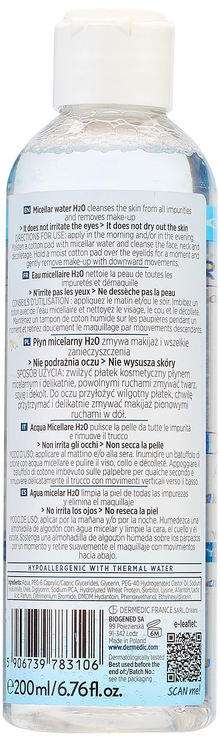 DERMEDIC HYDRAIN3 HIALURO Micellar Cleansing Water 200ml - Hypoallergenic Makeup Remover for Sensitive Skin & Eyes - Fragrance-Free, Soap-Free, Water-Free Formula - Perfect for Gentle Daily Cleansing & Makeup Removal