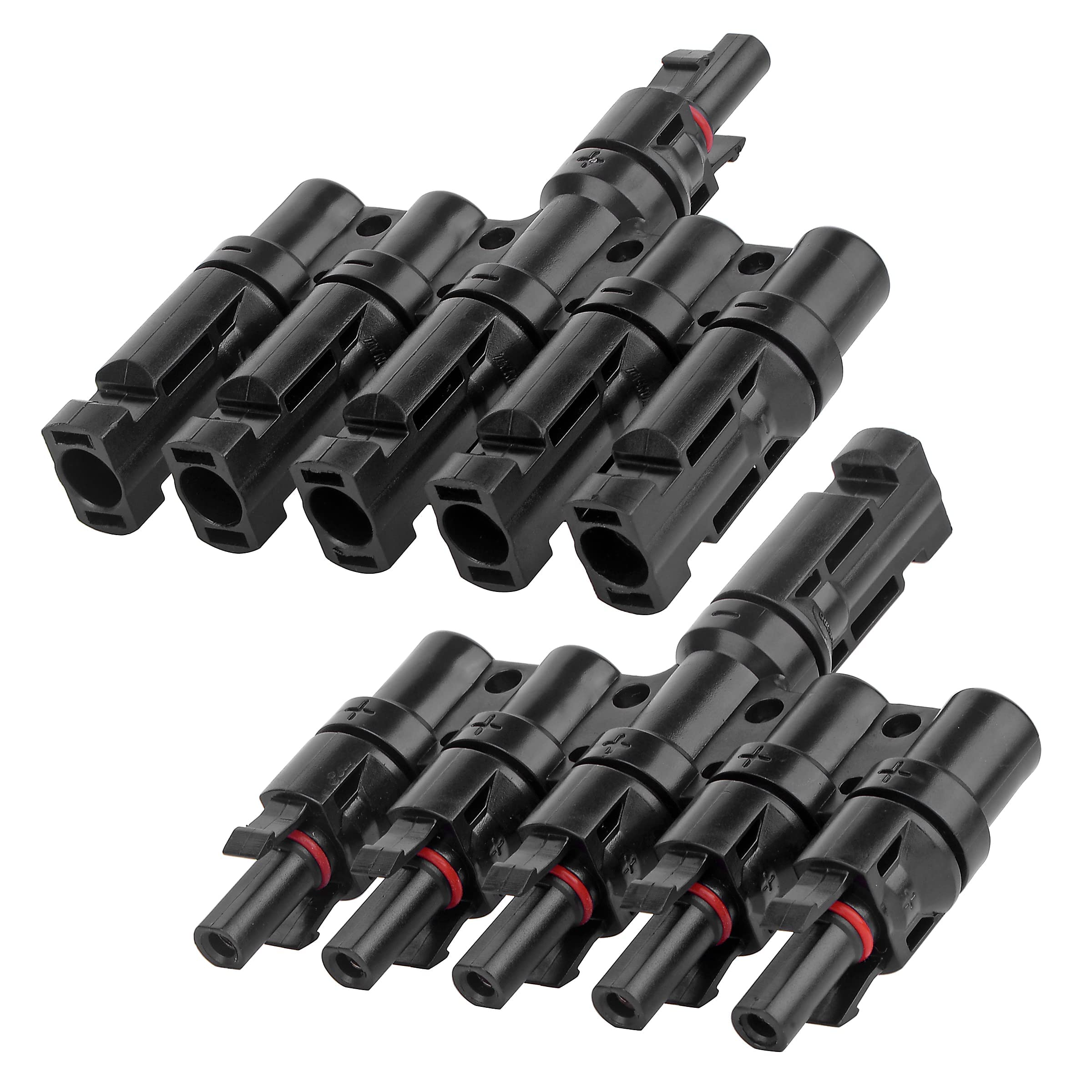 1 Pair 5-in-1 Waterproof T Branch Cable Connectors for Solar PV Panels - MC4 Male & Female Connectors - Ideal for Solar Panel Wiring, Off-Grid Systems, and Renewable Energy Projects
