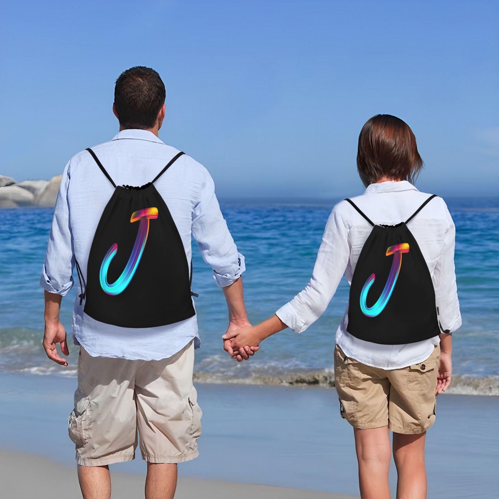 Personalized Initial Drawstring Backpack - Lightweight Black Cinch Sack for Gym, Sports, Travel & Outdoor Activities | Perfect for Swimming, Beach, Camping & School | Custom Rainbow Letter Design