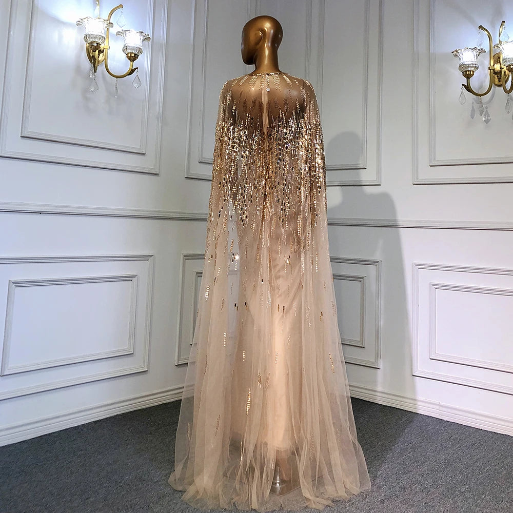 Serene Hill Luxury Gold Cape Sleeves Evening Dresses for Women - 2025 A-Line Beaded Wedding Gowns (LA71416) | Perfect for Bridal Parties, Galas & Formal Events
