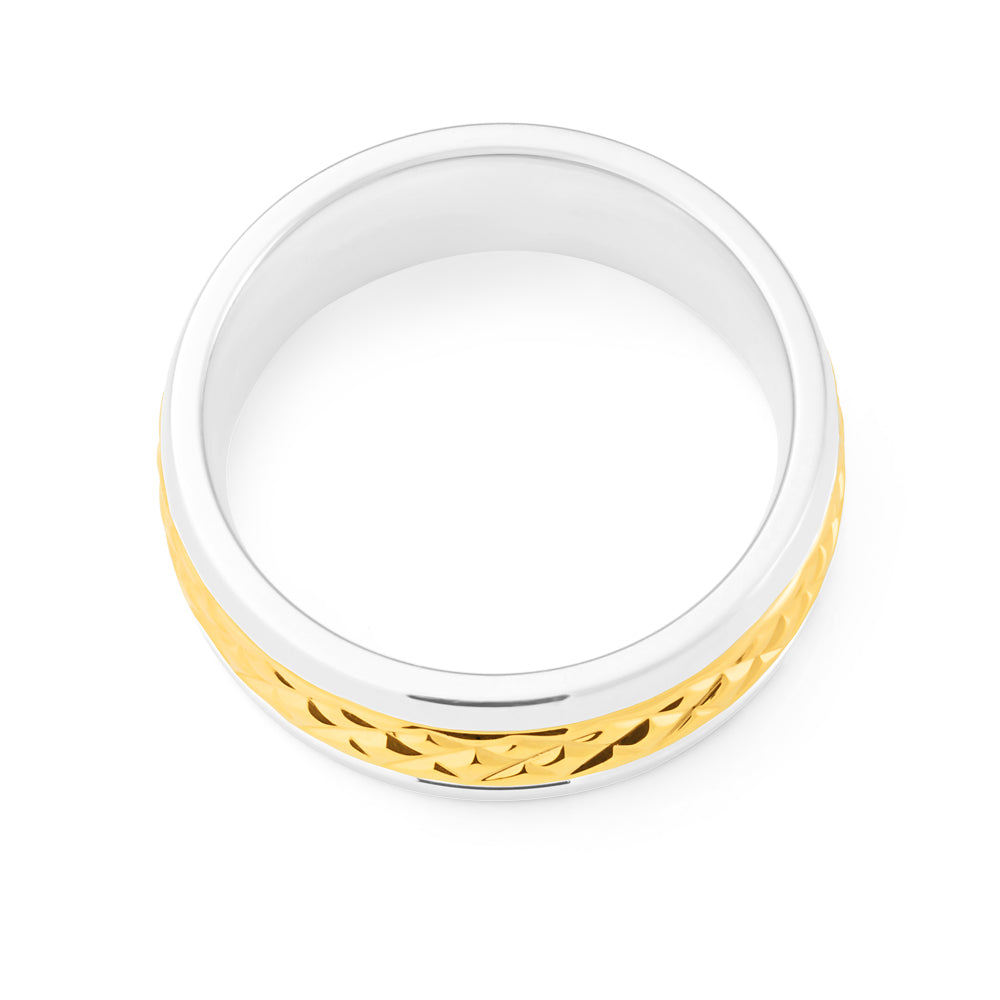 8mm Stainless Steel & Gold Plated Men's Ring with Intricate Pattern - Perfect for Weddings, Gifts & Everyday Wear