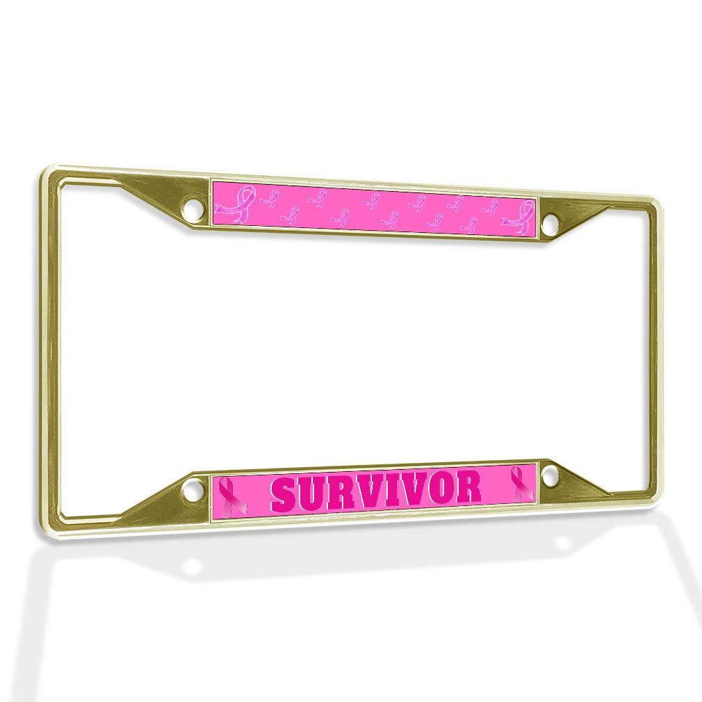 Premium Metal License Plate Frame with Pink Ribbon - Weatherproof Car Accessory for Cancer Survivors (Gold, 4 Holes, Solid Insert) - Perfect for Showcasing Support & Personalizing Your Vehicle