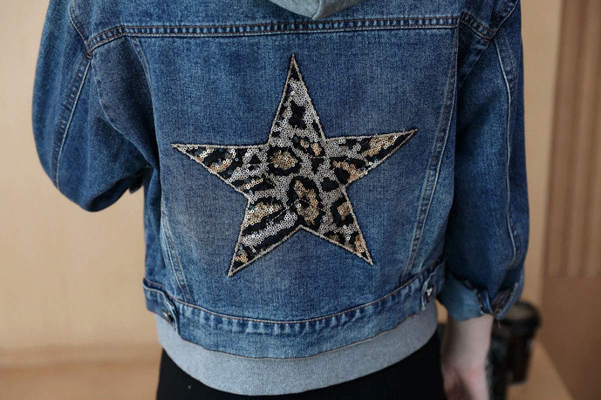 Ebossy Women's Distressed Sequin Star Hooded Denim Jacket - Stylish Cropped Jean Jacket for Casual Outings, Parties & Night Out Fashion