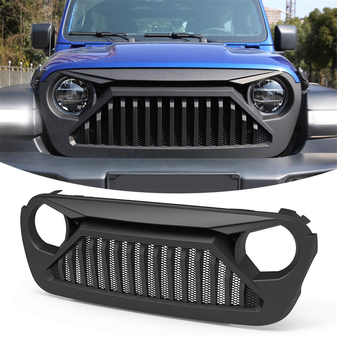 KIWI MASTER Front Grill for Jeep Gladiator JT 2018-2025 & Wrangler JL Accessories - Matte Black Paintable Bumper Mesh Grille | Off-Road Upgrade & Customization