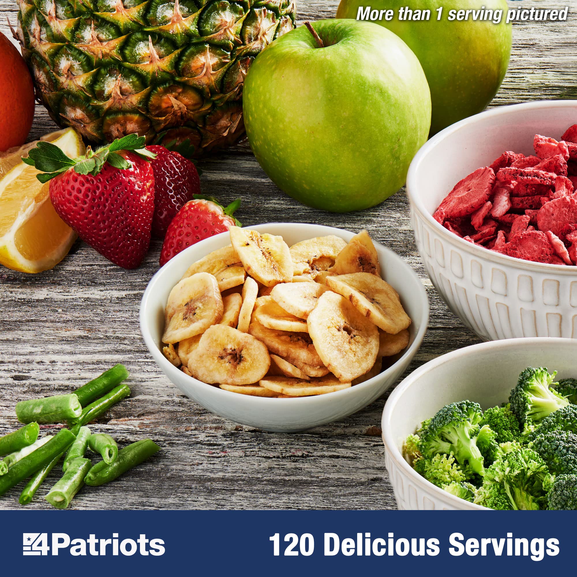 4Patriots 25-Year Shelf Life Emergency Food Supply - 120 Servings of Fruits, Vegetables & Snacks | Perfect for Survival Kits, Camping & Natural Disasters