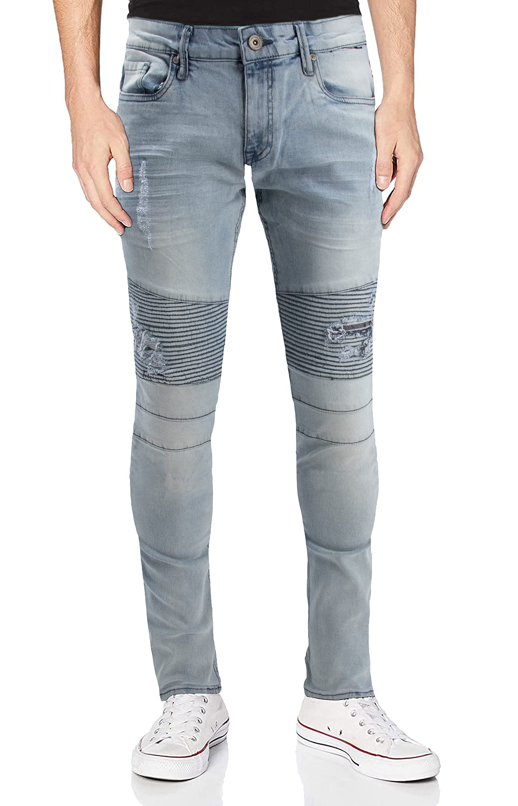 RAW X Men's Skinny Jeans - Washed Ripped Distressed Moto Stretch Denim Biker Pants | Slim Fit Stretchable Comfort | Perfect for Casual Wear, Night Out & Motorcycle Riding