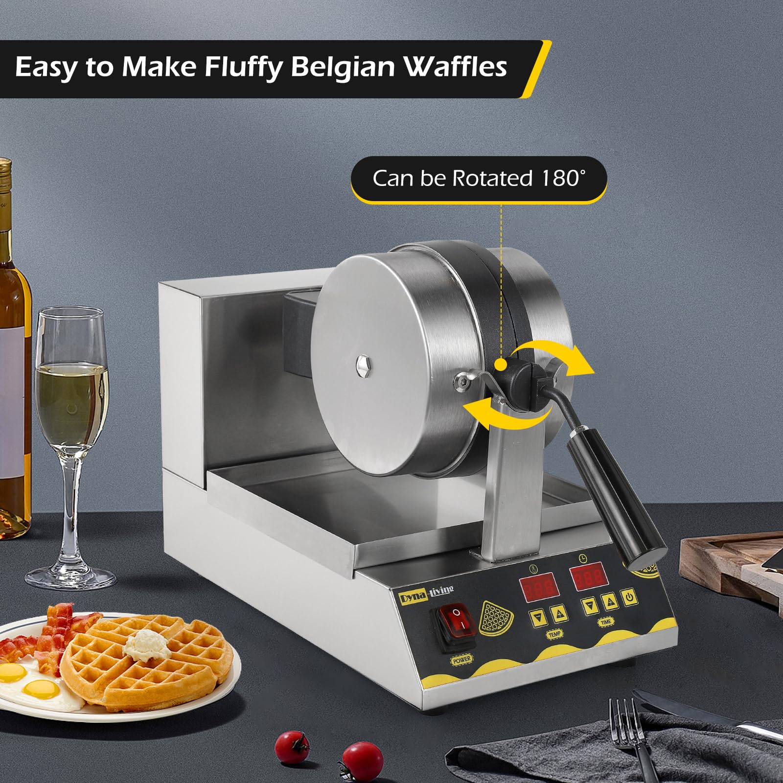 **Dyna-Living Professional 180° Rotating Belgian Waffle Maker - Commercial Nonstick Flip Waffle Iron Machine, 1200W 110V for Restaurants, Cafes & Breakfast - Perfect for Home, Hotels, and Events**