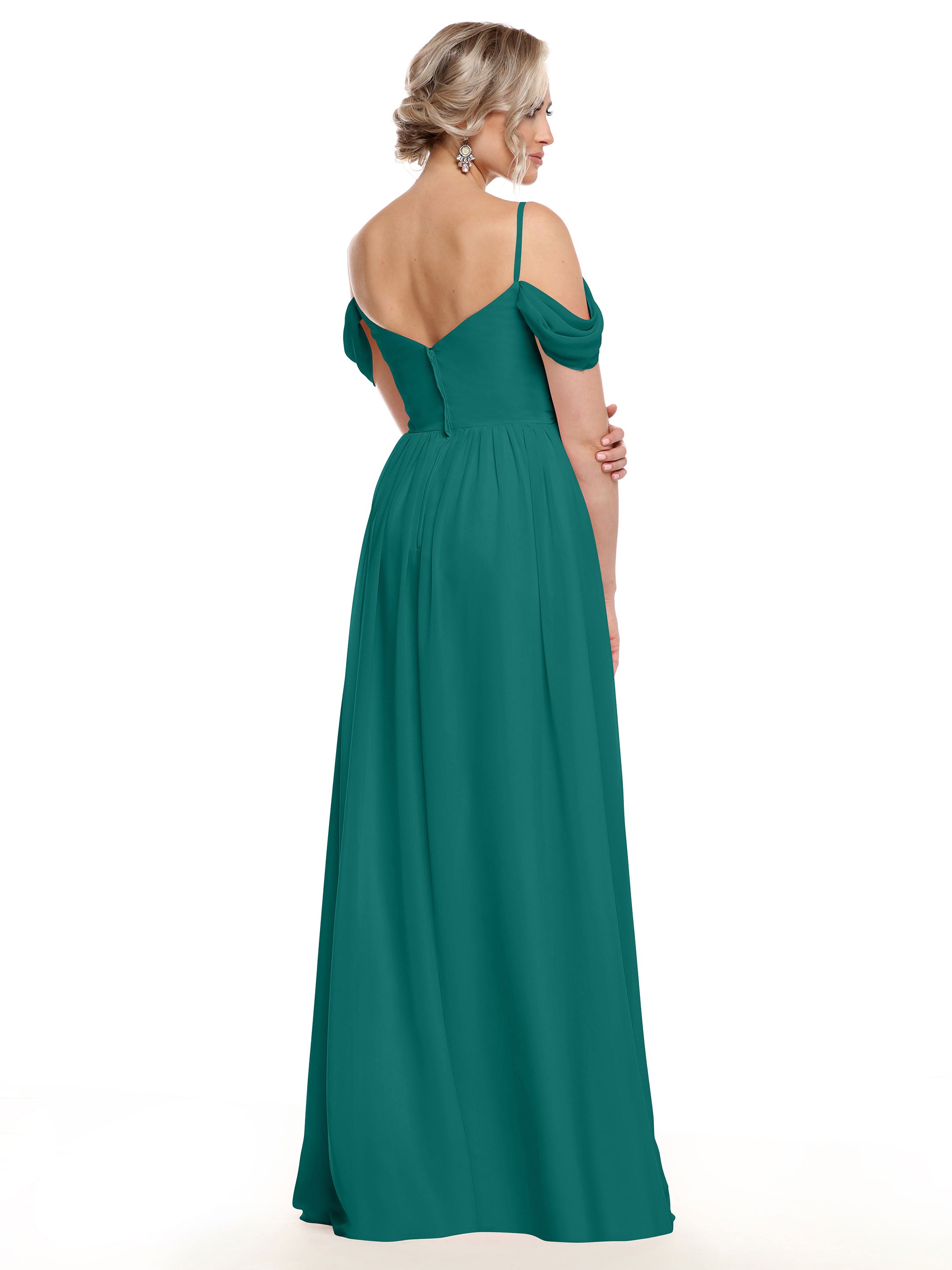 Elegant Off-the-Shoulder Chiffon Bridesmaid Dress with Spaghetti Straps - Flowy A-Line Formal Gown for Weddings, Parties & Special Occasions