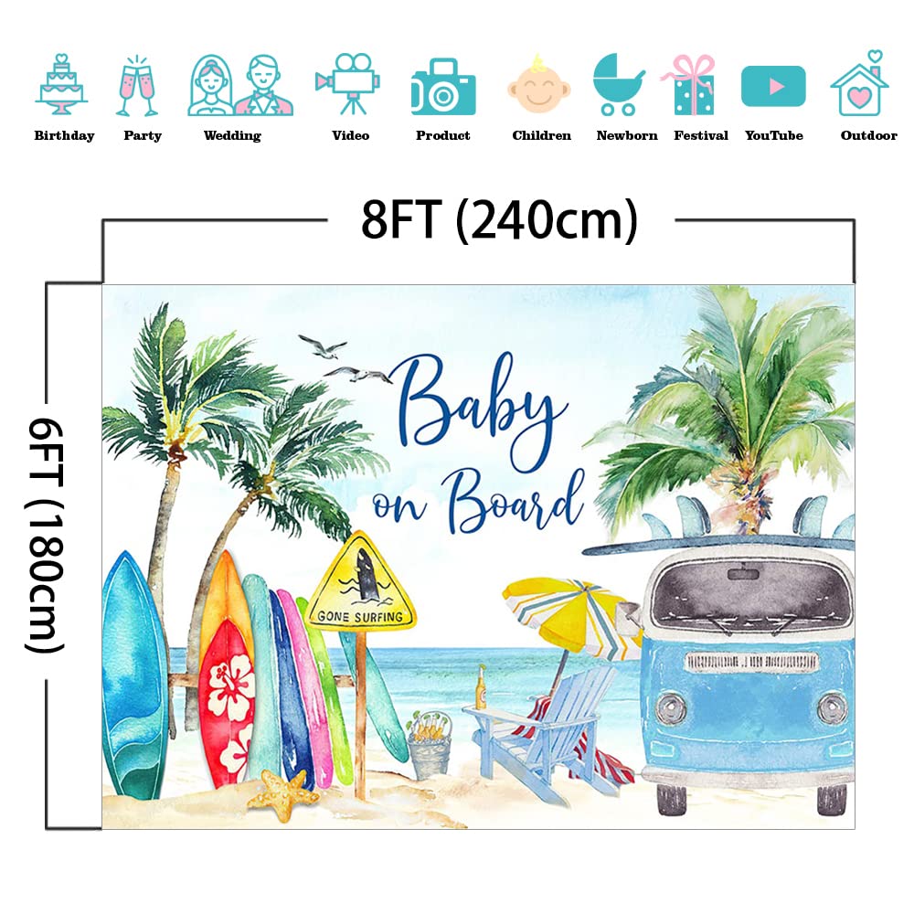 8x6ft Mocsicka Baby on Board Baby Shower Backdrop - Summer Beach Surfing Theme Party Decoration for Cake Table, Photo Booth Props | Perfect for Baby Showers, Gender Reveals & Birthday Celebrations