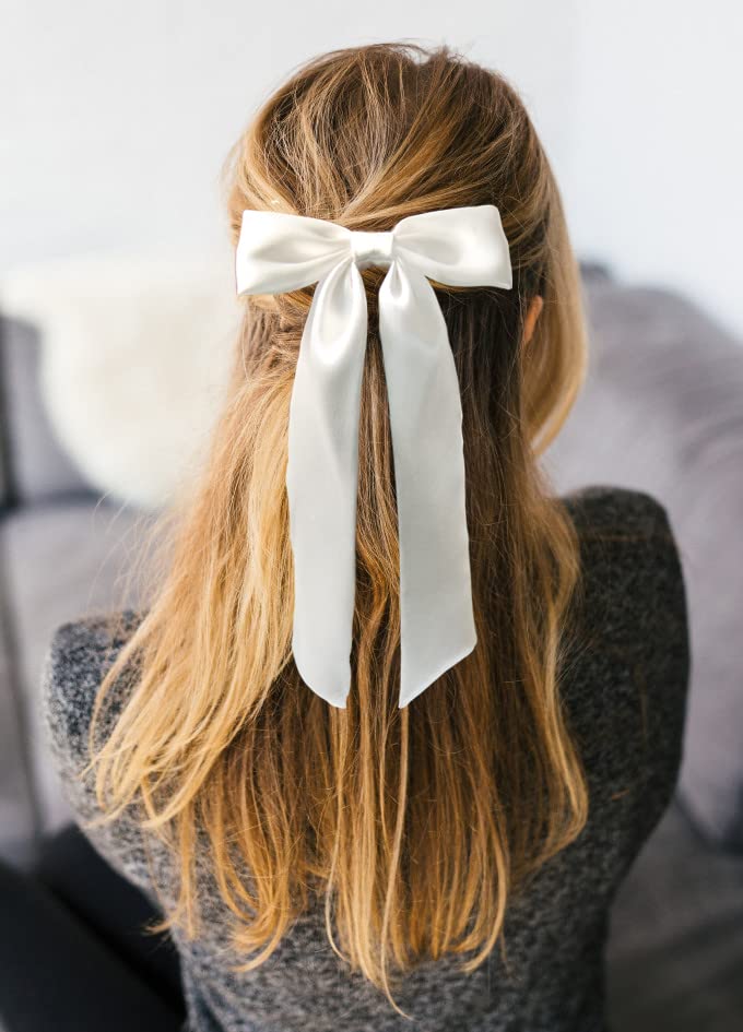 Elegant White Satin Hair Bows for Women & Girls - 2pcs Long Tail Ribbon Hair Clips, Big Pompom Barrettes Hair Accessories | Perfect for Weddings, Parties & Everyday Style
